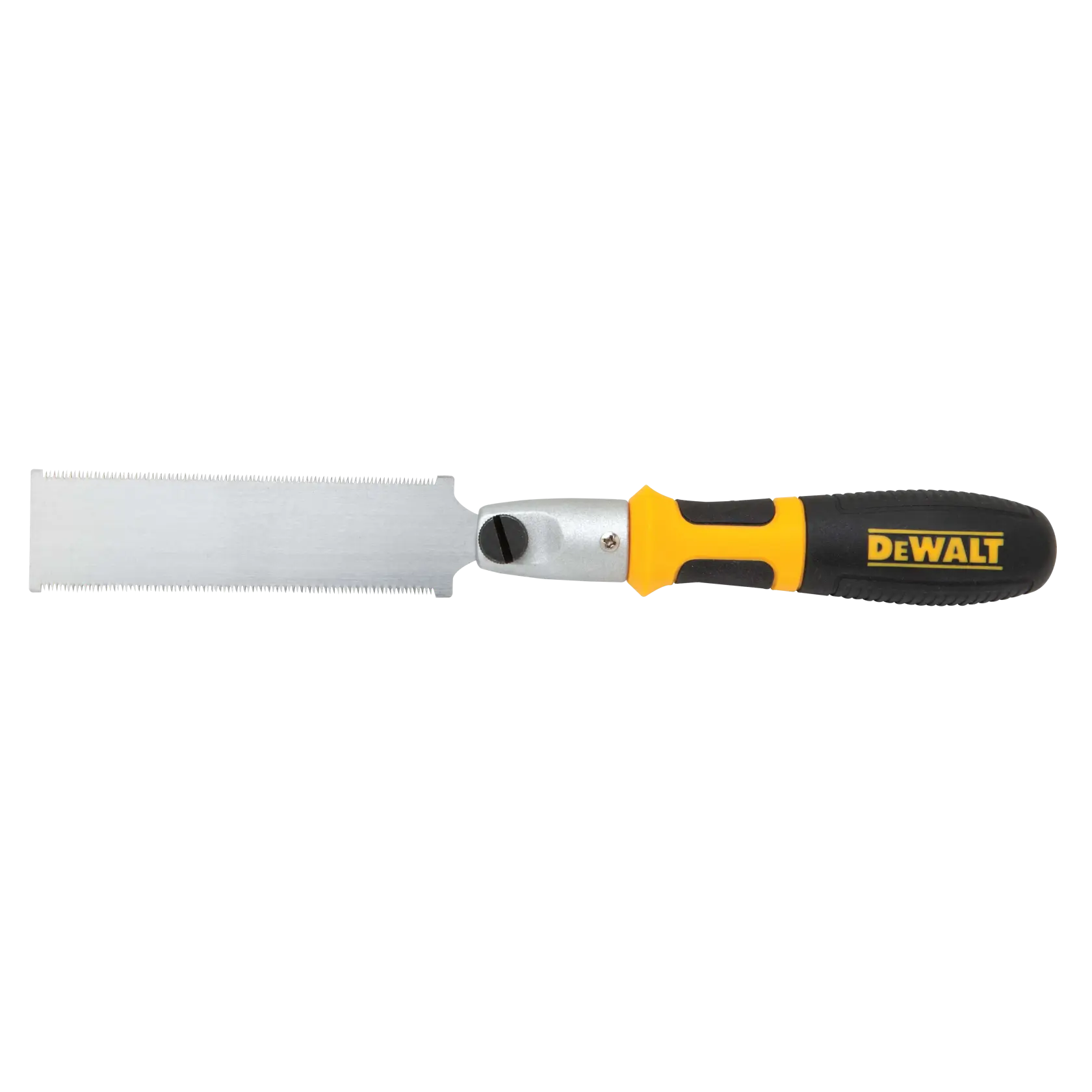 A DEWALT pull saw with a black and yellow ergonomic handle and a thin, rectangular blade featuring fine teeth, designed for precise wood cutting.