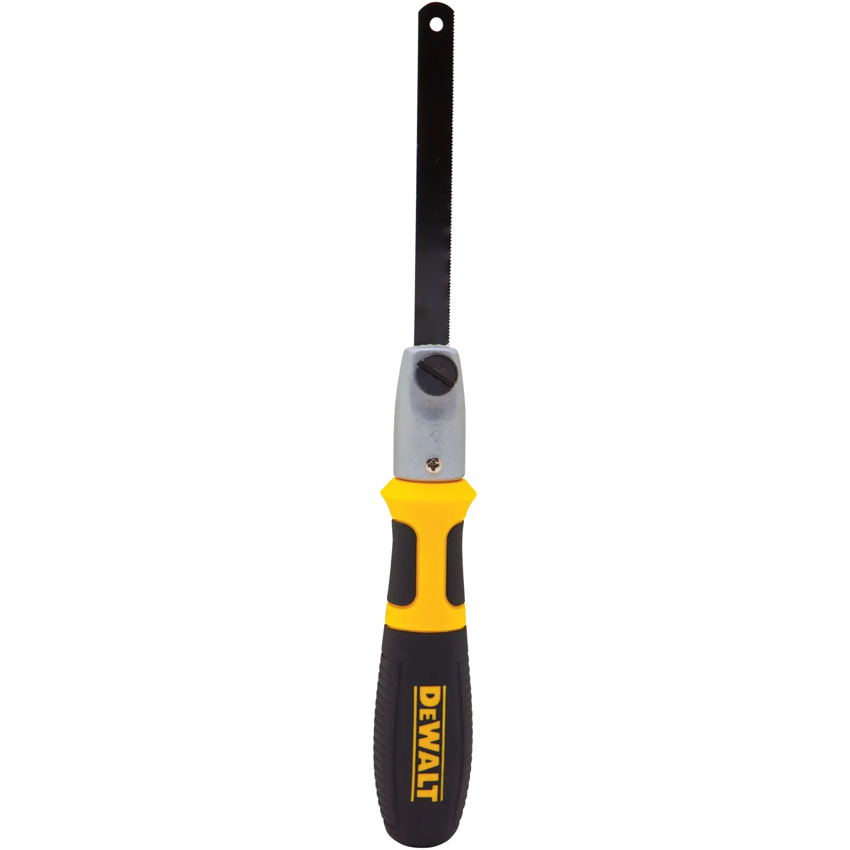A DEWALT hand saw with a black blade and yellow and black handle, shown vertically. The saw is designed for precise cutting and features an ergonomic grip.