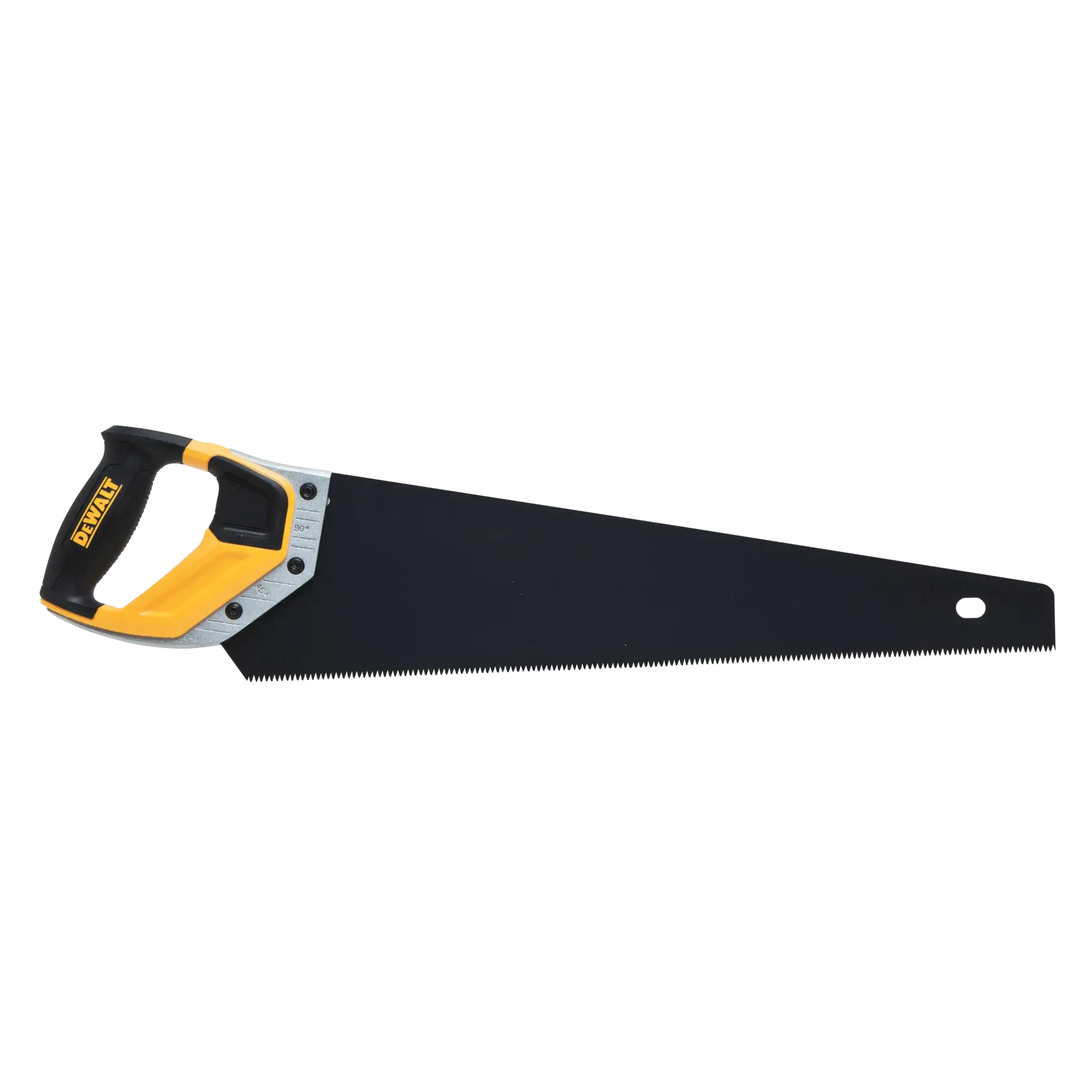 DEWALT hand saw with black blade and yellow handle, designed for cutting wood.