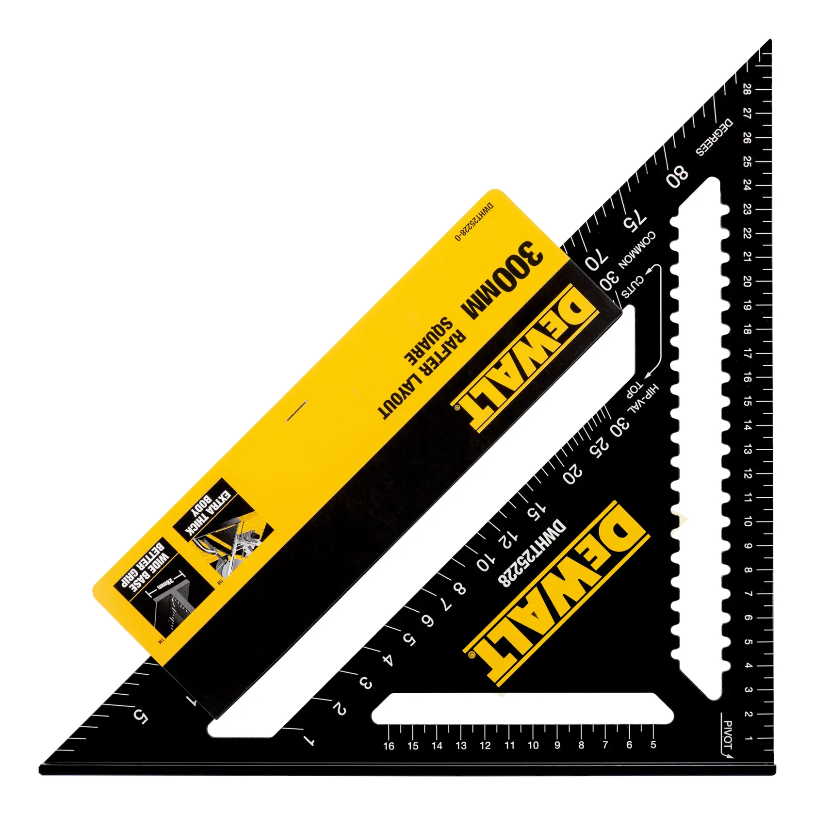 A DEWALT 300mm rafter layout square, black with white measurement markings and yellow branding, used for accurate woodworking and construction measurements.