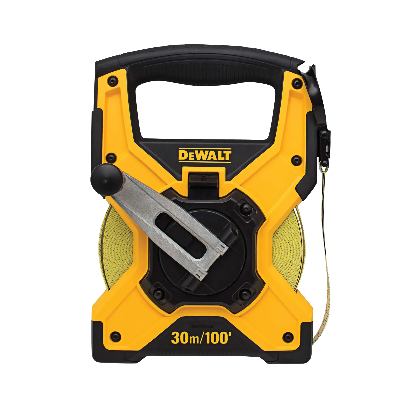 DEWALT 30 meter / 100 foot open reel measuring tape with a yellow and black case, handle, and crank for retracting the tape.