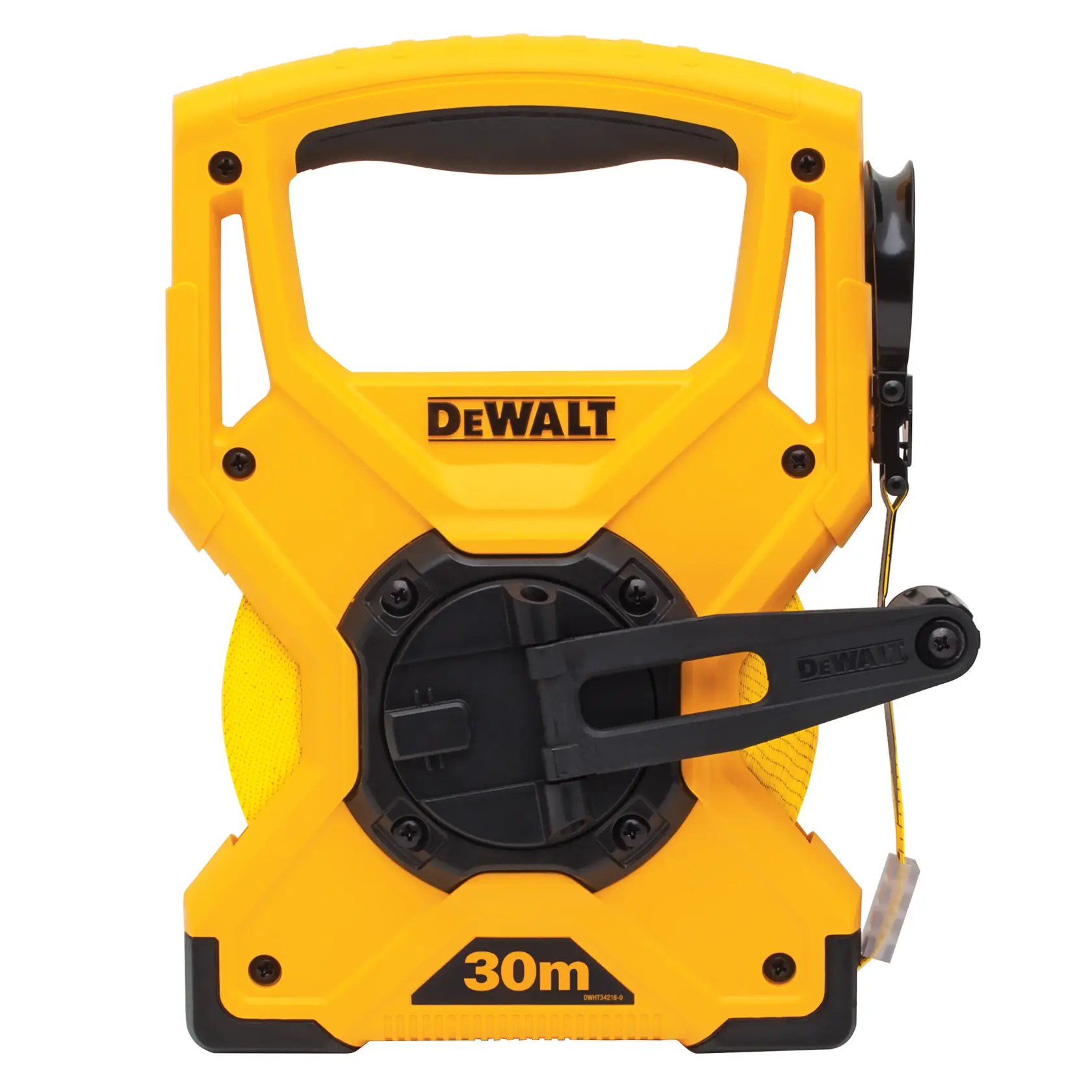 DEWALT 30m tape measure in a rugged yellow plastic case with handle and retractable crank.