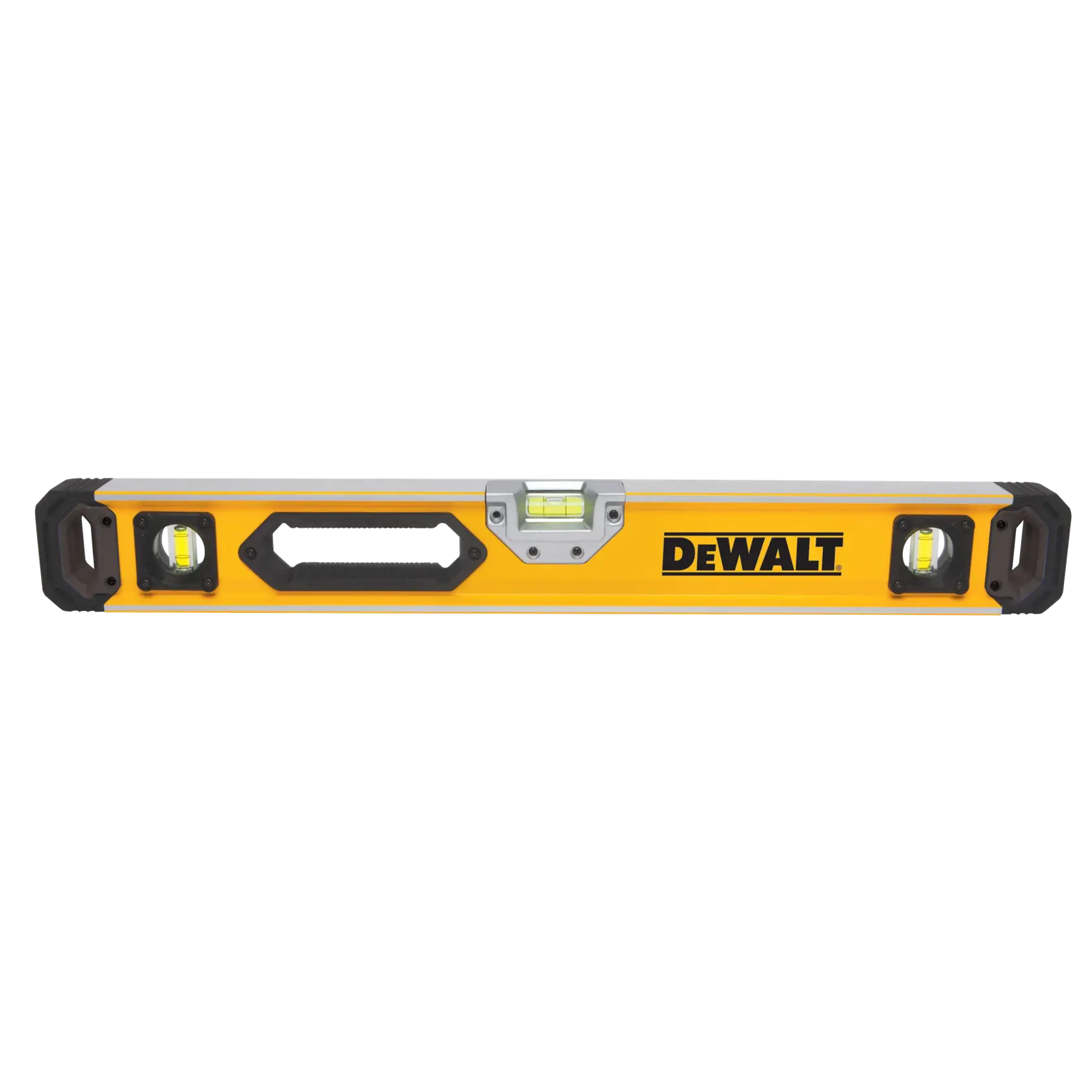 Yellow DEWALT spirit level with three bubble vials and handle, used for measuring level surfaces.