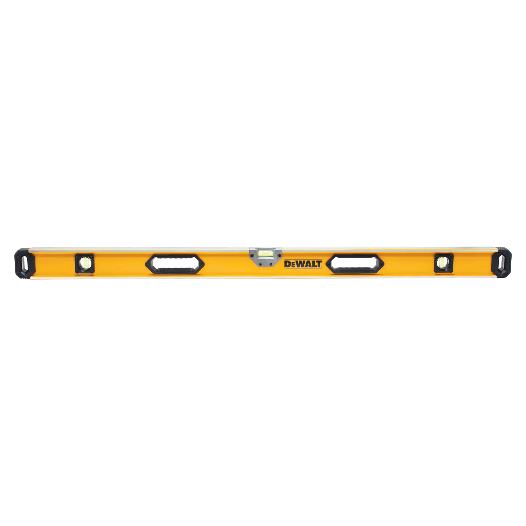 DEWALT yellow spirit level tool with three vials and handle cutouts, used for accurate leveling.