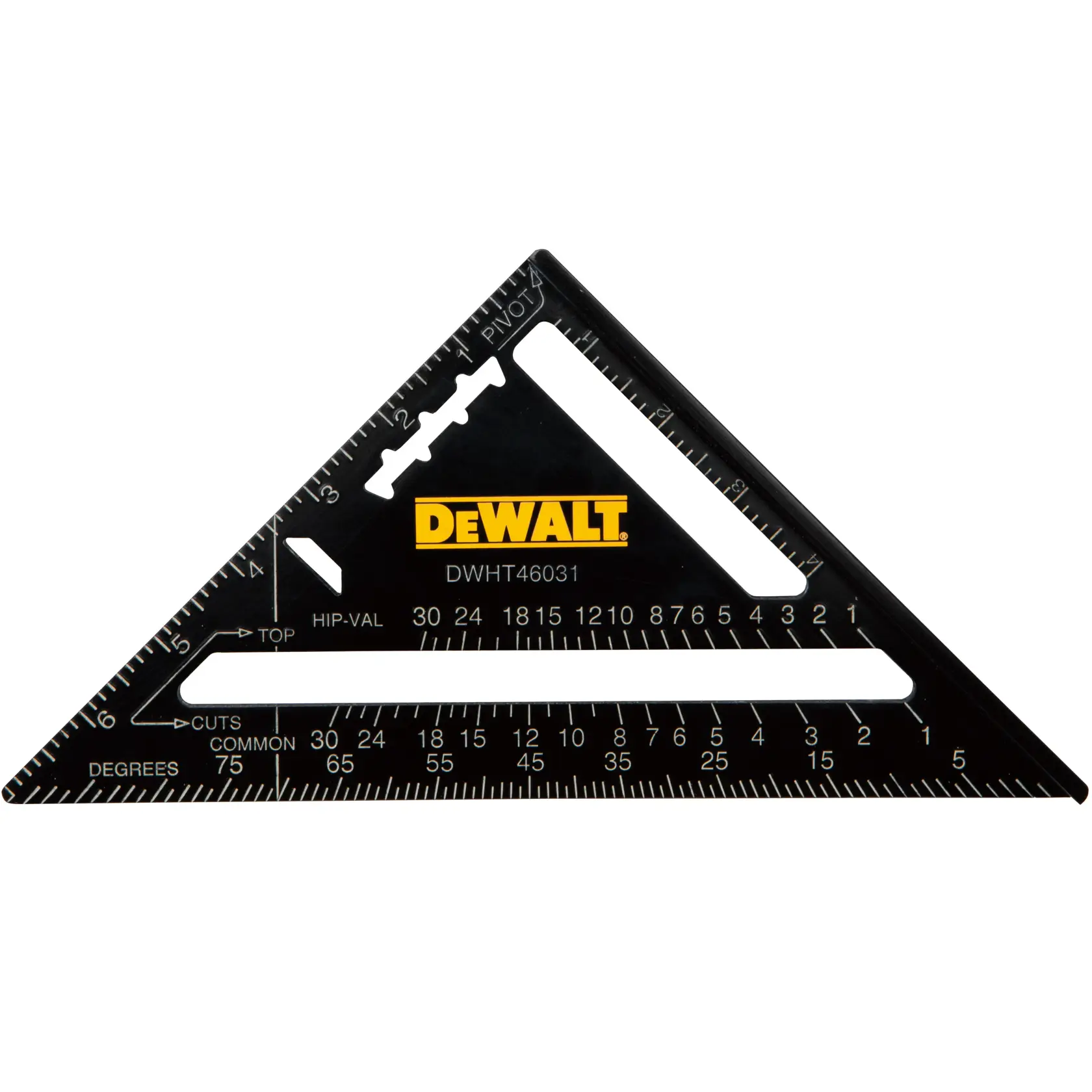 DEWALT DWHT46031-0 black triangular carpenter's square with measurement markings.