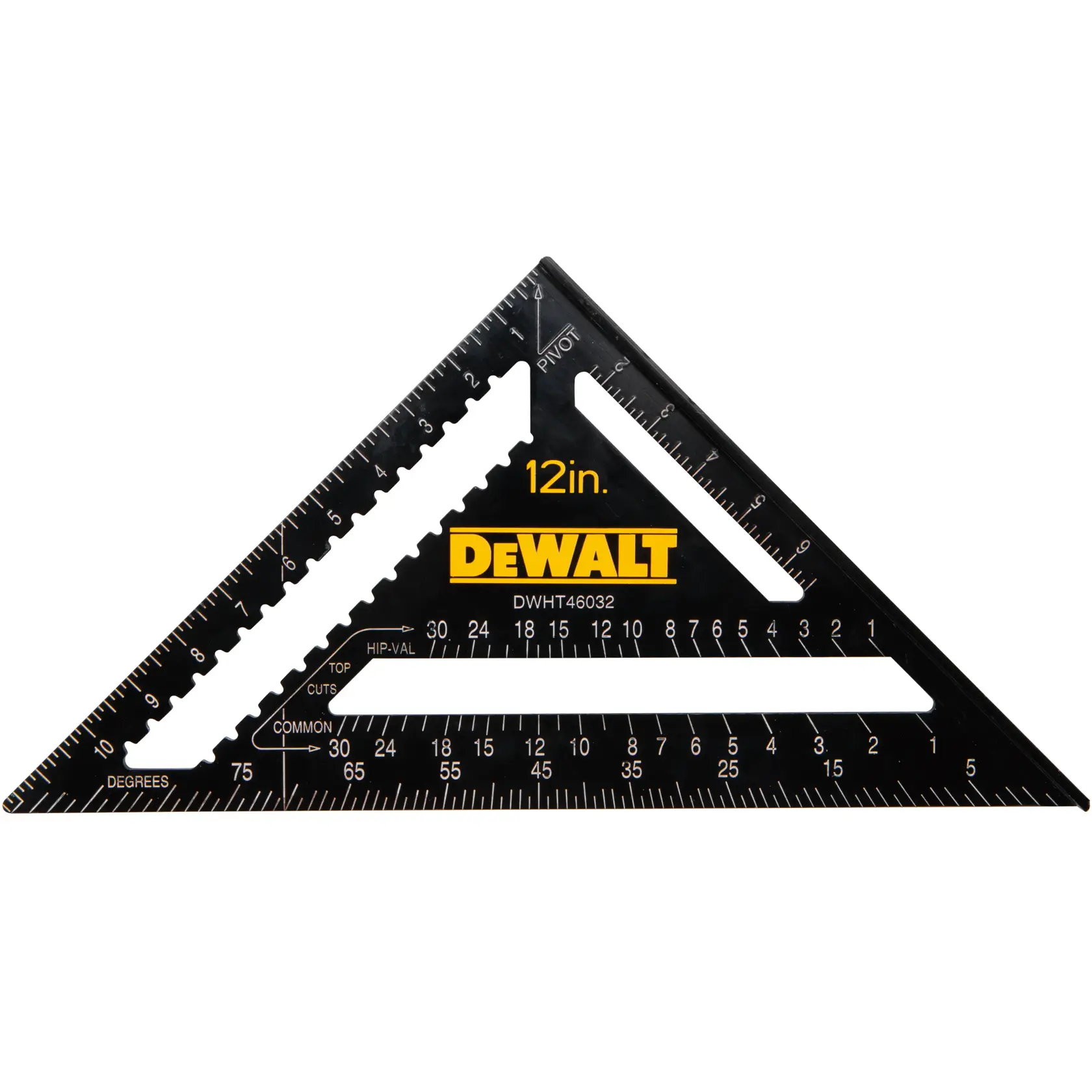 DEWALT 12-inch black triangular carpenter's square with measurement markings and cut guides.
