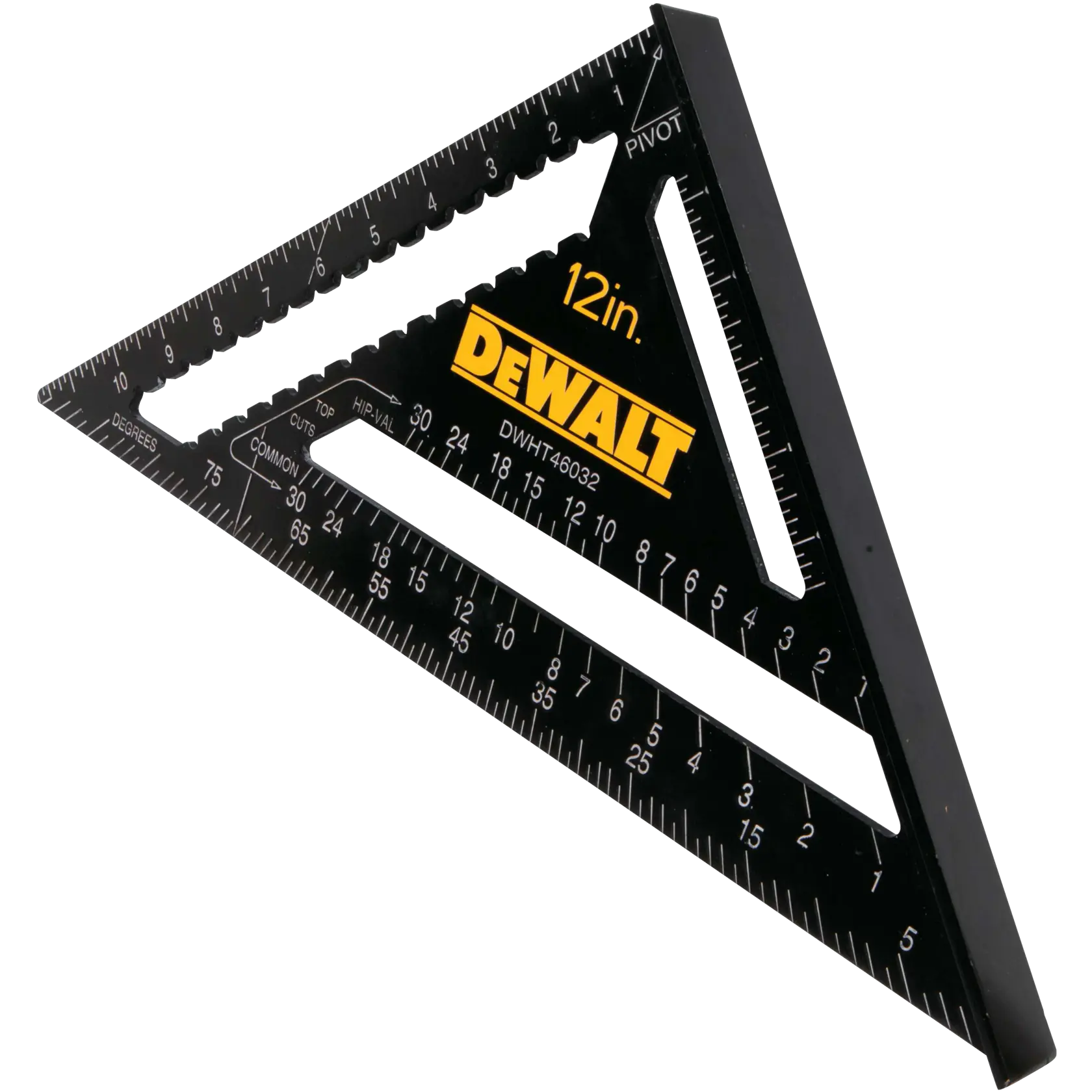 A DEWALT DWHT46032 12-inch black triangular carpenter's square tool, featuring measurement markings in white and the DEWALT logo in yellow on the center.