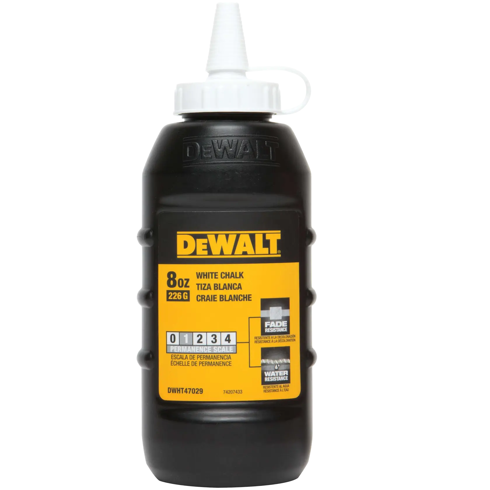A bottle of DEWALT white chalk, 8 ounces (226 grams), for marking lines. The bottle is black with a yellow label and a white nozzle cap.