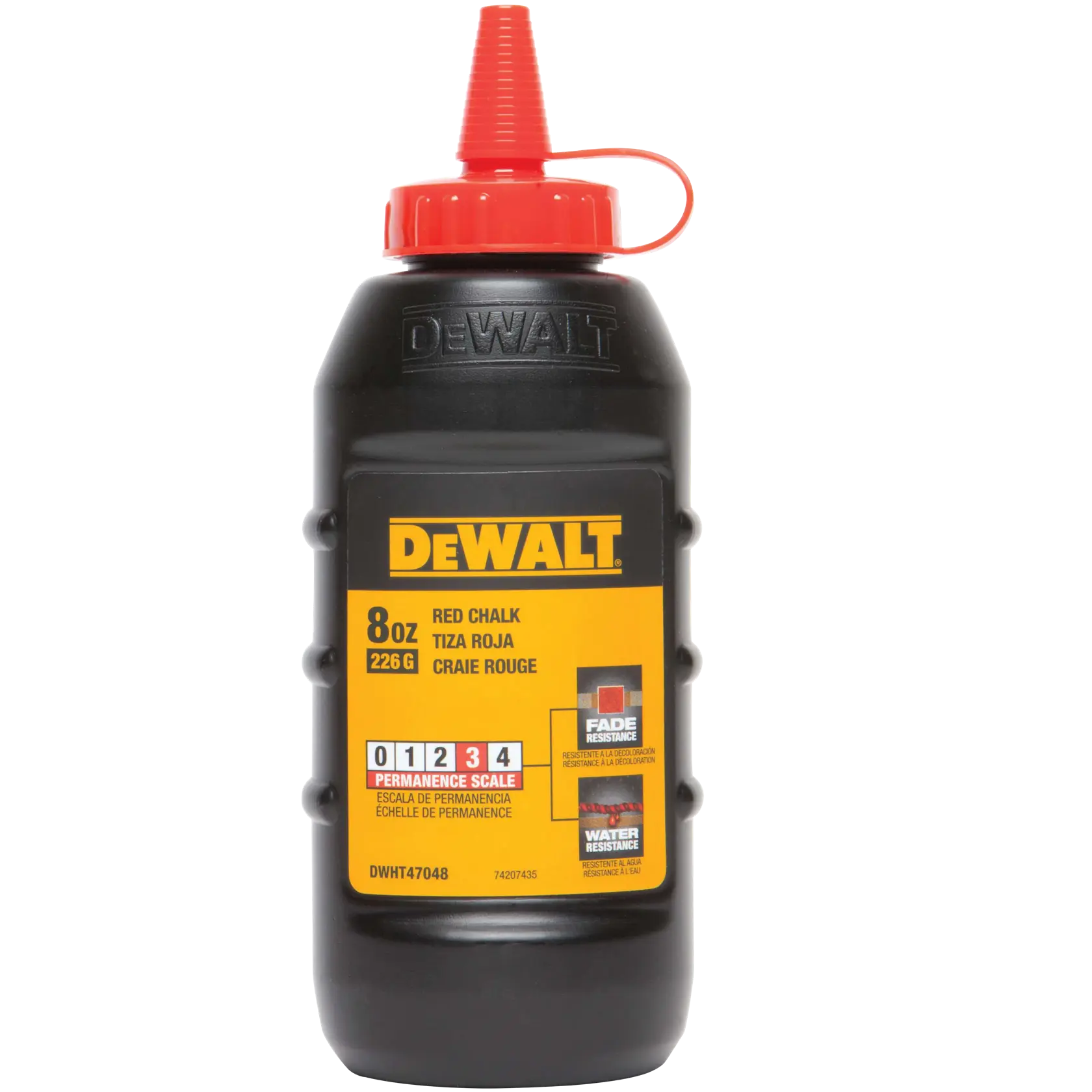 A bottle of DEWALT red chalk powder, 8 oz (226 g), with a red twist cap. The product label highlights water resistance and fade resistance, suitable for marking lines in construction and woodworking.