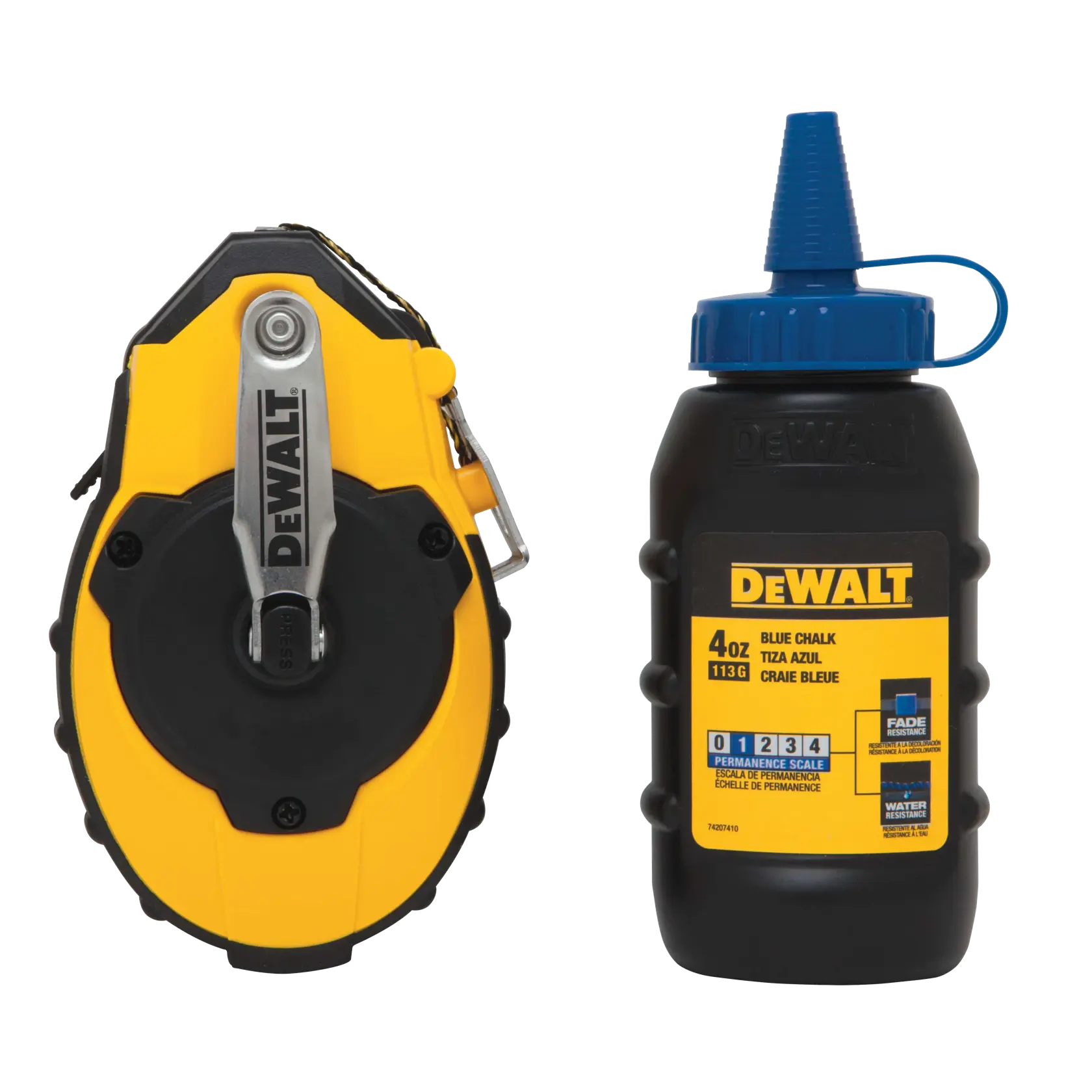 DEWALT chalk line reel and bottle of blue chalk powder. The reel is yellow and black with a metal handle, and the bottle is black with a blue cap and yellow label.