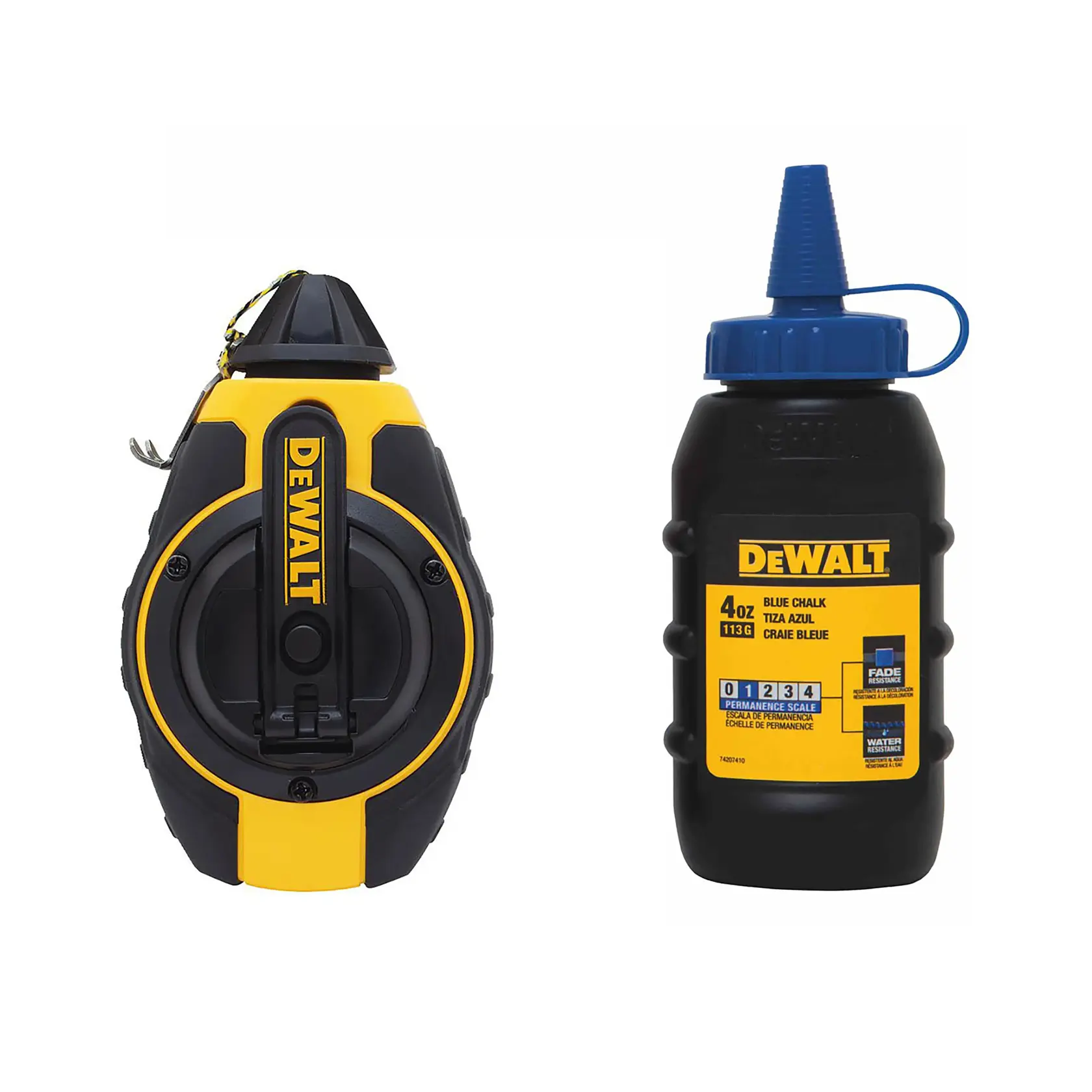 A DEWALT chalk line reel and a bottle of blue chalk, used for marking straight lines on surfaces in construction and carpentry.