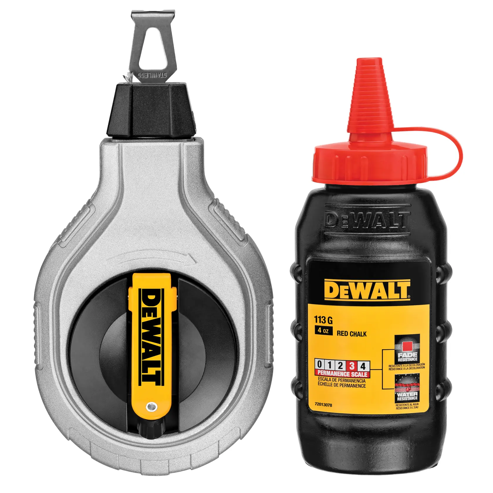 DEWALT chalk line reel and red chalk bottle, used for marking straight lines on construction surfaces.