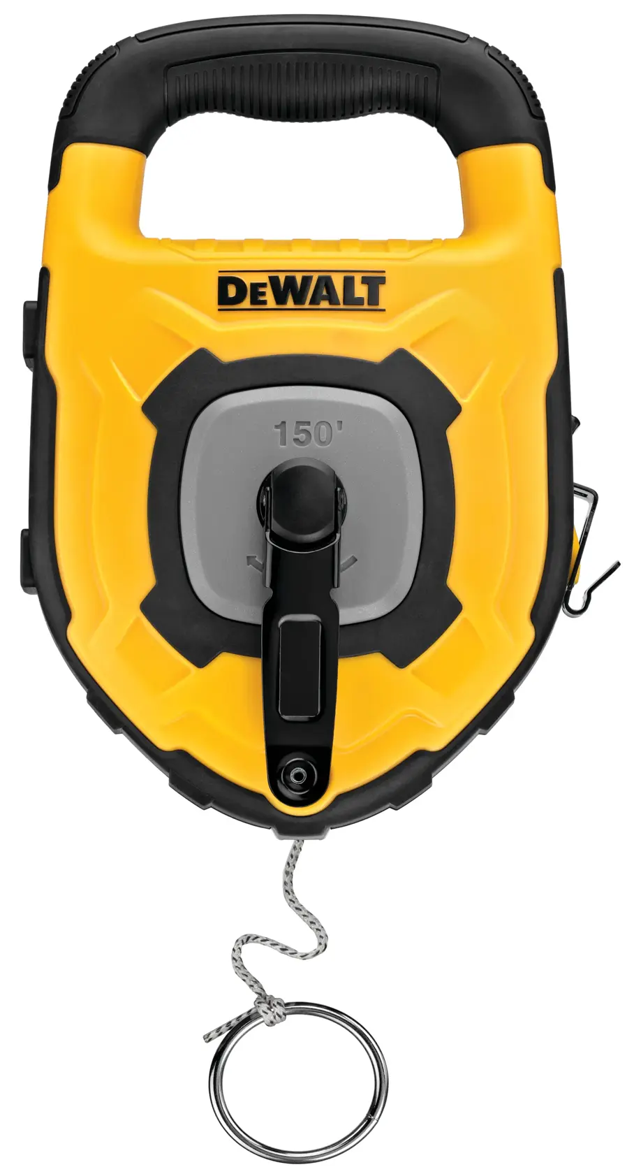 A DEWALT 150-foot chalk line reel with a yellow and black casing, ergonomic handle, winding crank, and metal ring attached to the chalk line.