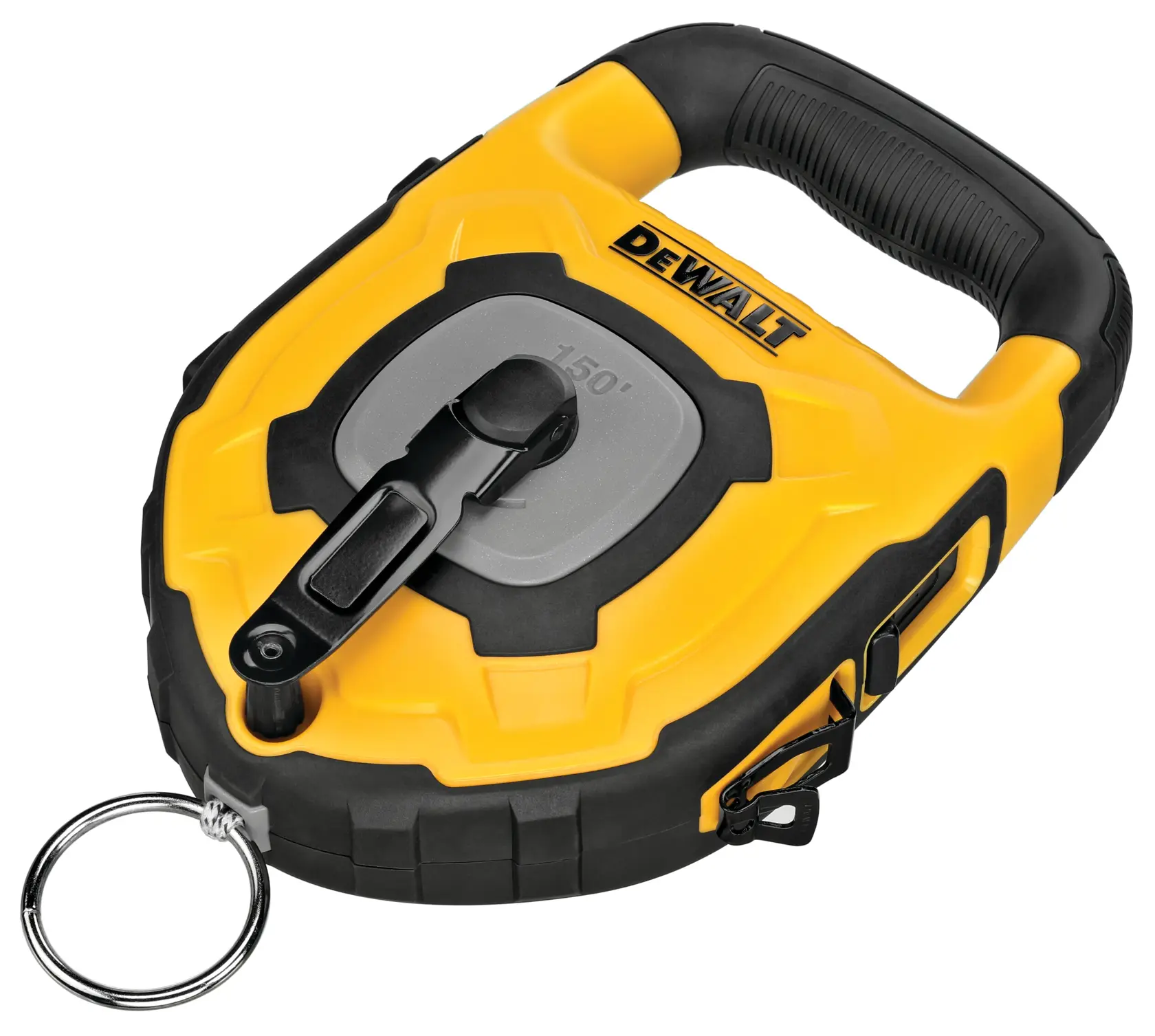 A DEWALT-branded yellow and black measuring tape with a large handle and a metal ring at the end. The device appears durable and is designed for heavy-duty use.