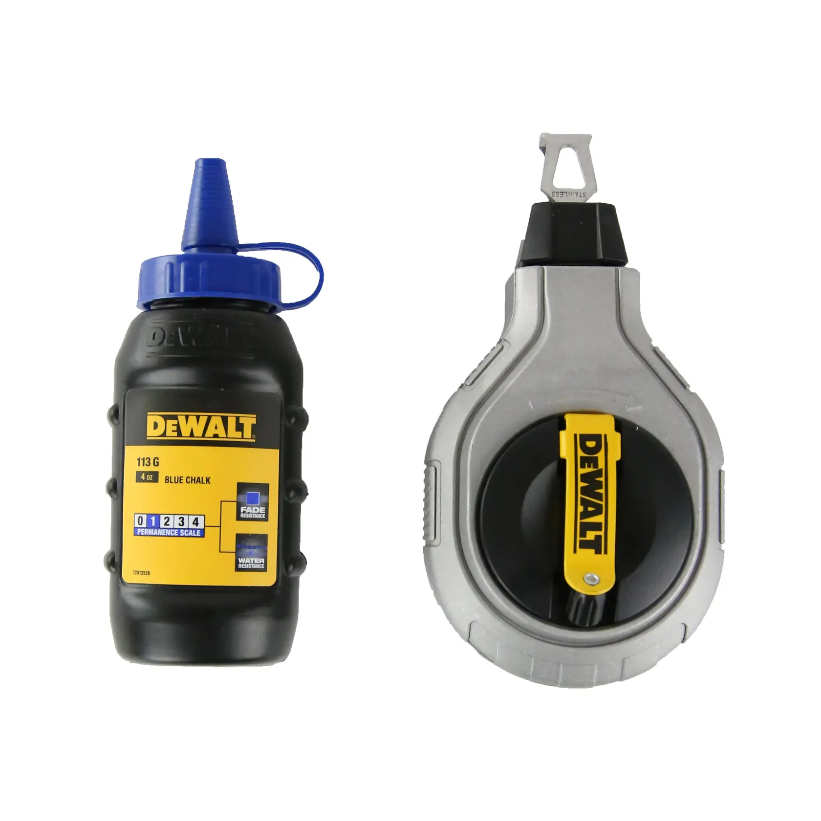 DEWALT blue chalk powder and chalk line reel for marking straight lines on surfaces.