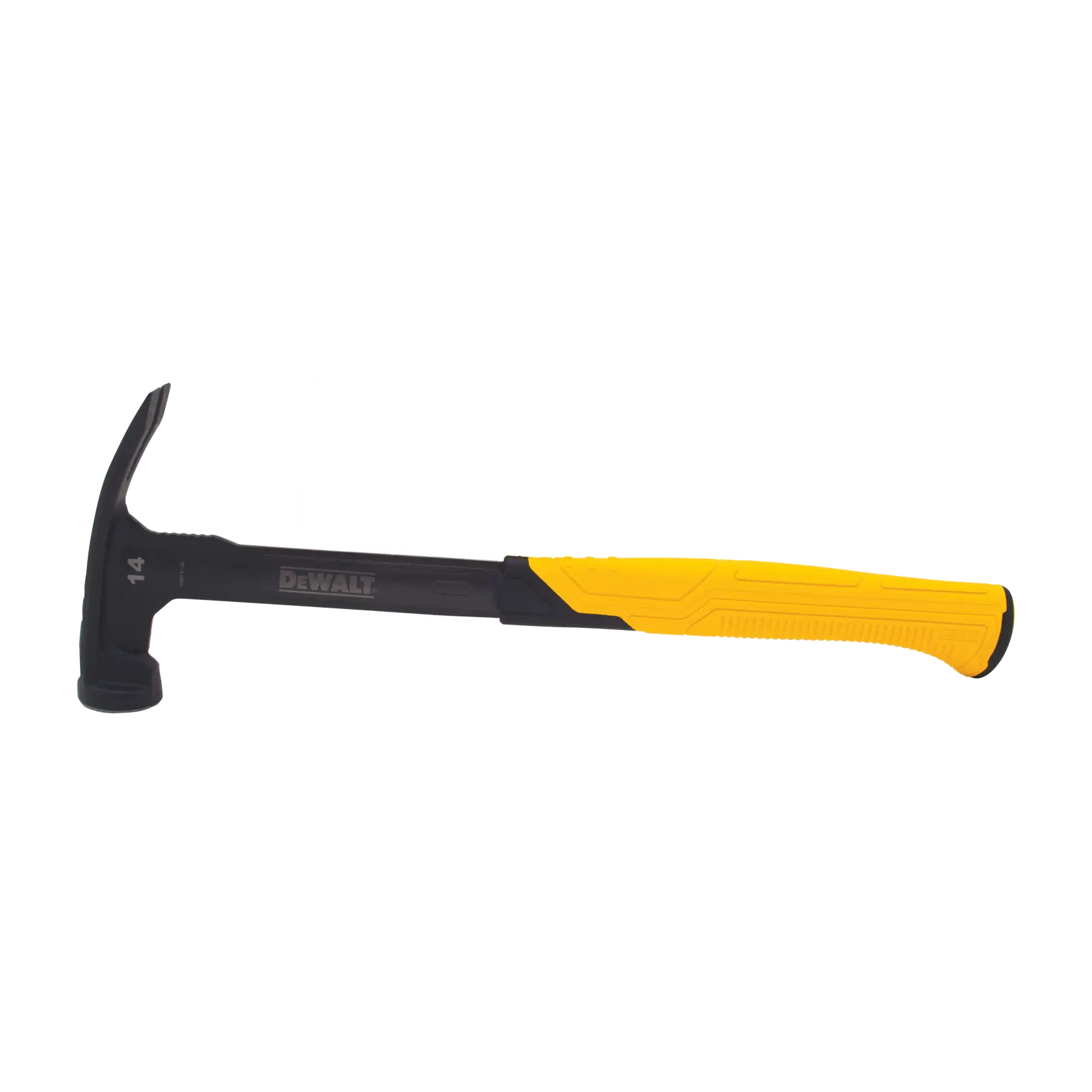 DEWALT hammer with yellow and black handle, claw head, and 14 marking. Tool shown on white background.