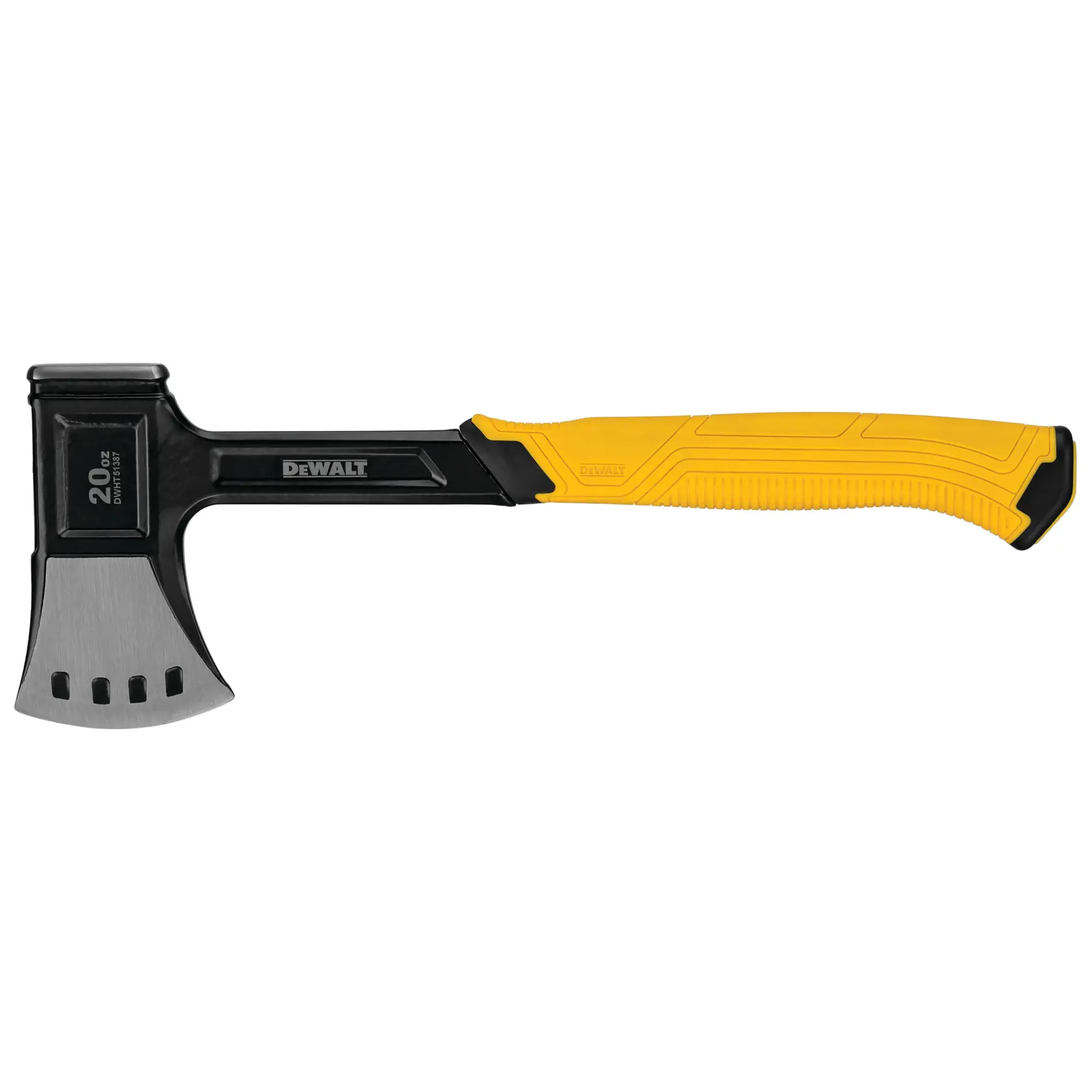 DEWALT 20oz axe with black head and yellow handle, designed for durability and comfortable grip.