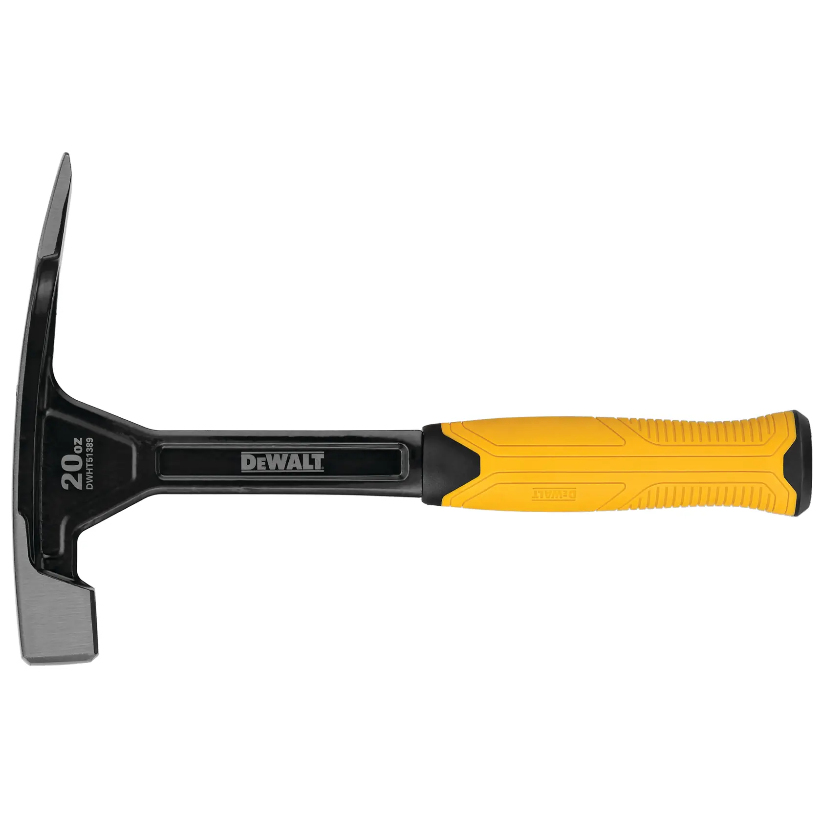 Ein DEWALT 20 oz Hammer mit ergonomischem gelb-schwarzem Griff. Die Modellnummer DWHT51389 ist auf dem Kopf sichtbar und das Design eignet sich für Bau- oder Schreinerarbeiten.