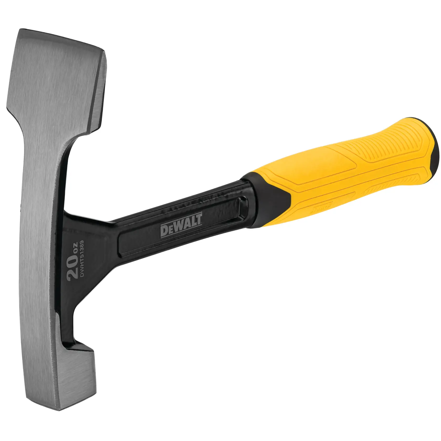 Ein 20-Unzen-Handwerkzeug von DEWALT mit einem gelb-schwarzen Griff und einem flachen Schlagkopf, das für den professionellen Bau vorgesehen ist.