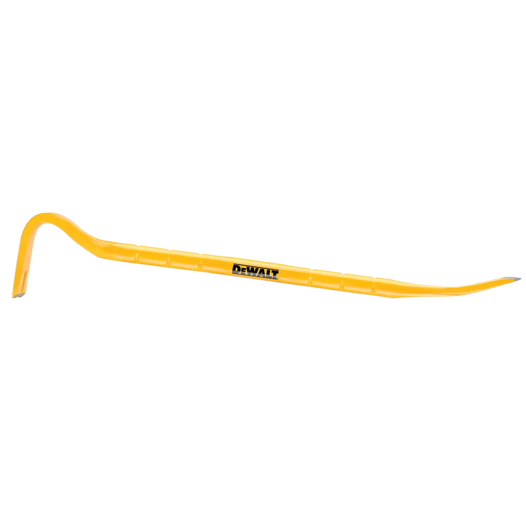 Yellow DEWALT pry bar tool with angled and flat ends for construction and demolition tasks.