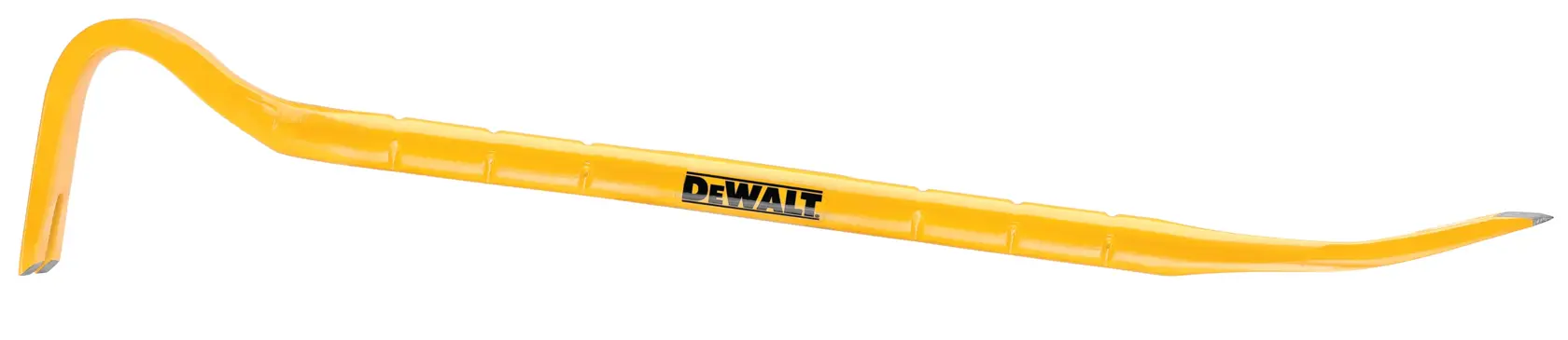 A yellow DEWALT pry bar with a curved claw on one end and a pointed tip on the other, designed for demolition and prying tasks.