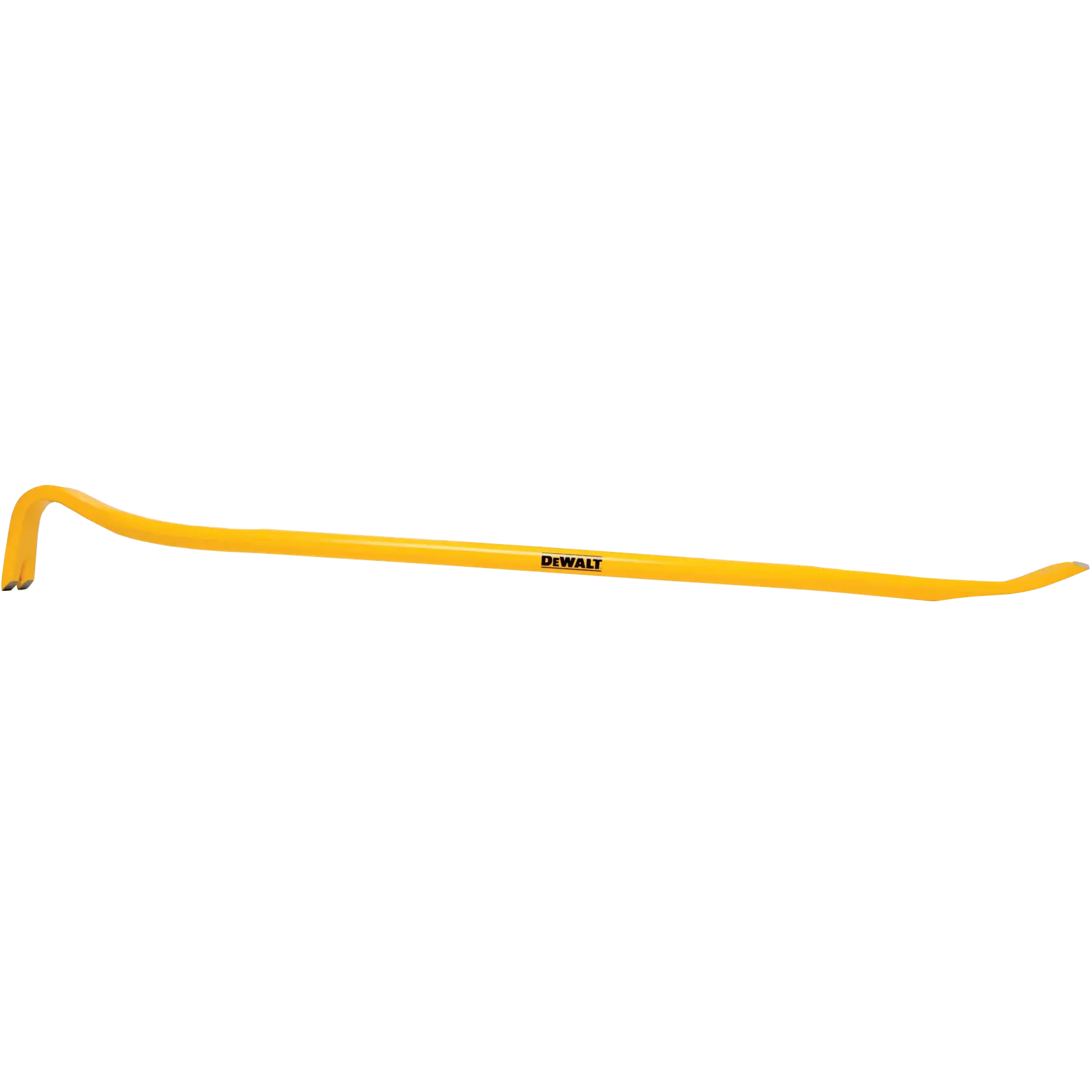 A yellow DEWALT brand wrecking bar with a flat and angled end, used for demolition and prying tasks.
