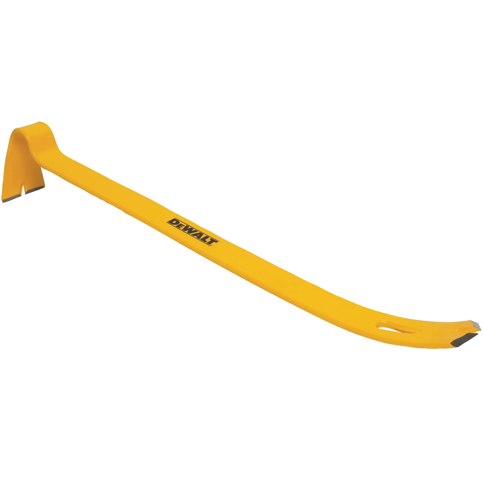 Un pied-de-biche jaune de marque DEWALT avec une extrémité courbée et une griffe plate, conçu pour les tâches de démolition et de levage.
