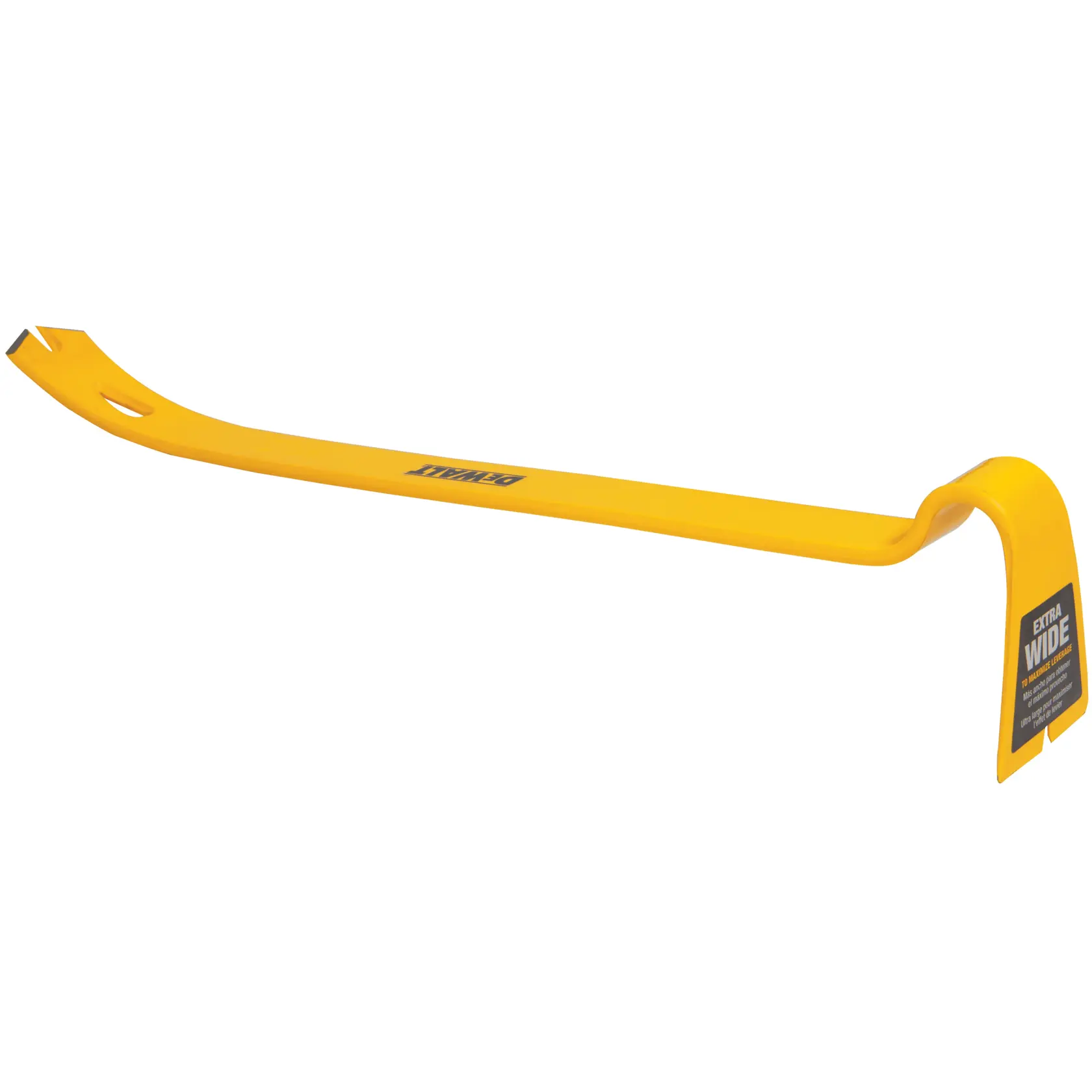 A yellow DEWALT branded pry bar with a curved end and a flat claw, designed for demolition and prying tasks.