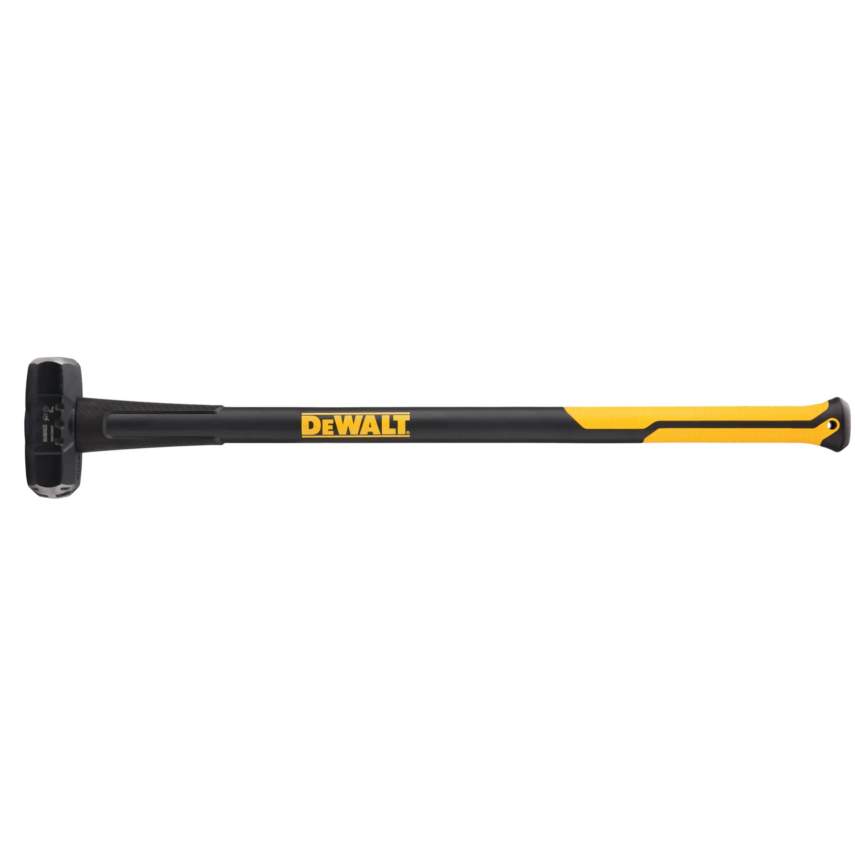 A DEWALT sledgehammer with a black and yellow handle, featuring the DEWALT logo in the middle. The hammer head is solid and robust, designed for heavy-duty use.