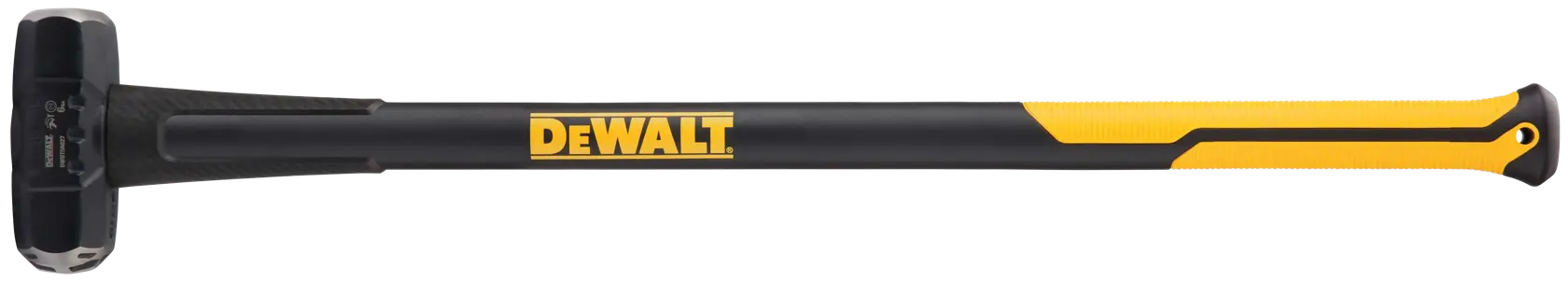 A DEWALT sledgehammer with a black and yellow handle, featuring the DEWALT logo in the middle. The hammer head is solid and robust, designed for heavy-duty use.