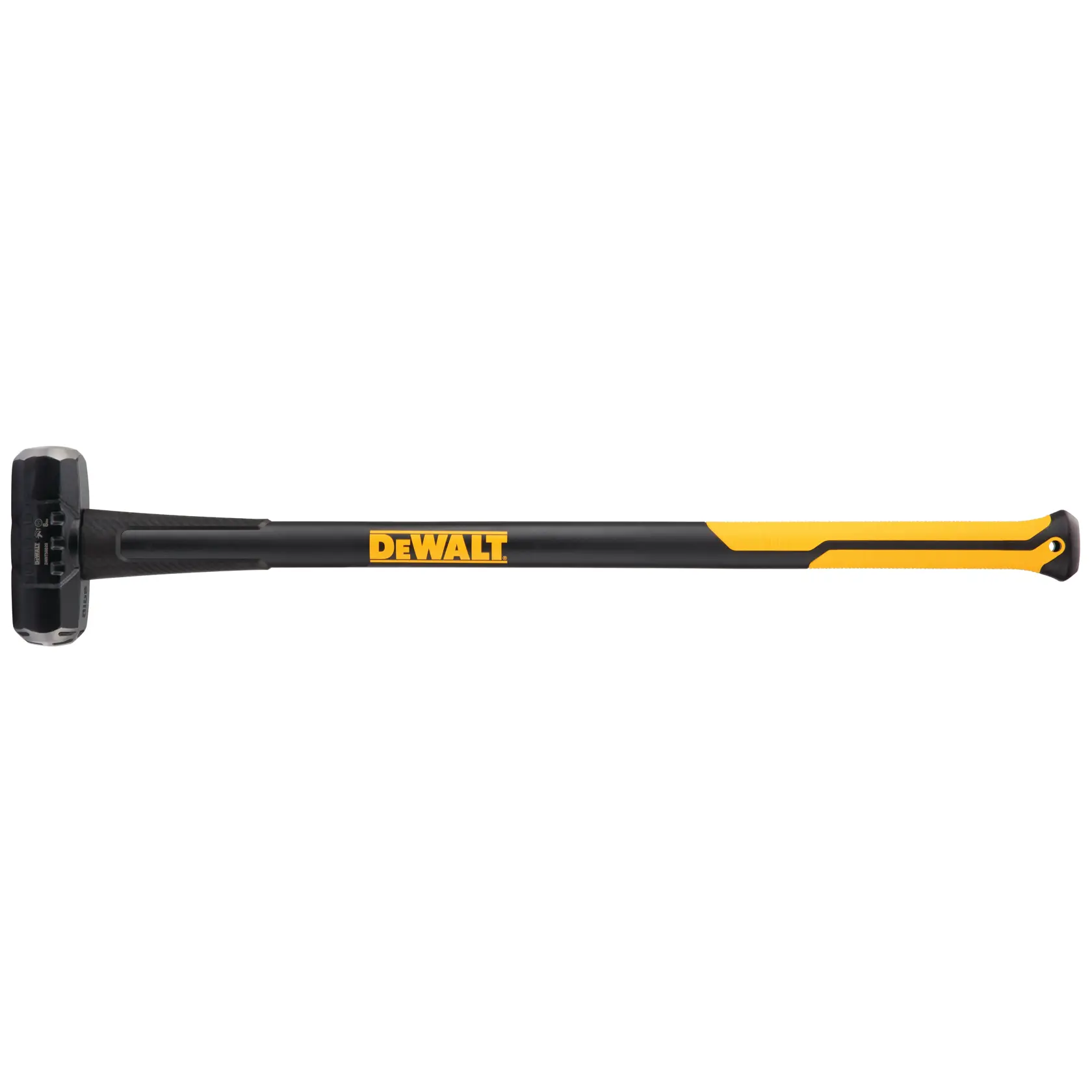 A DEWALT branded sledgehammer featuring a black and yellow handle with a solid metal head.