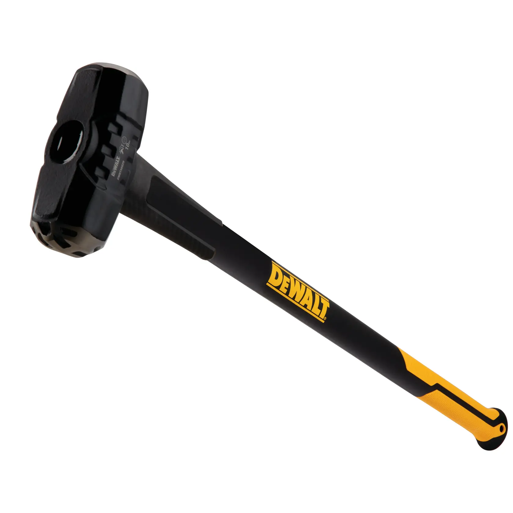 A DEWALT sledge hammer with a black and yellow handle and a heavy-duty metal head, shown against a white background.