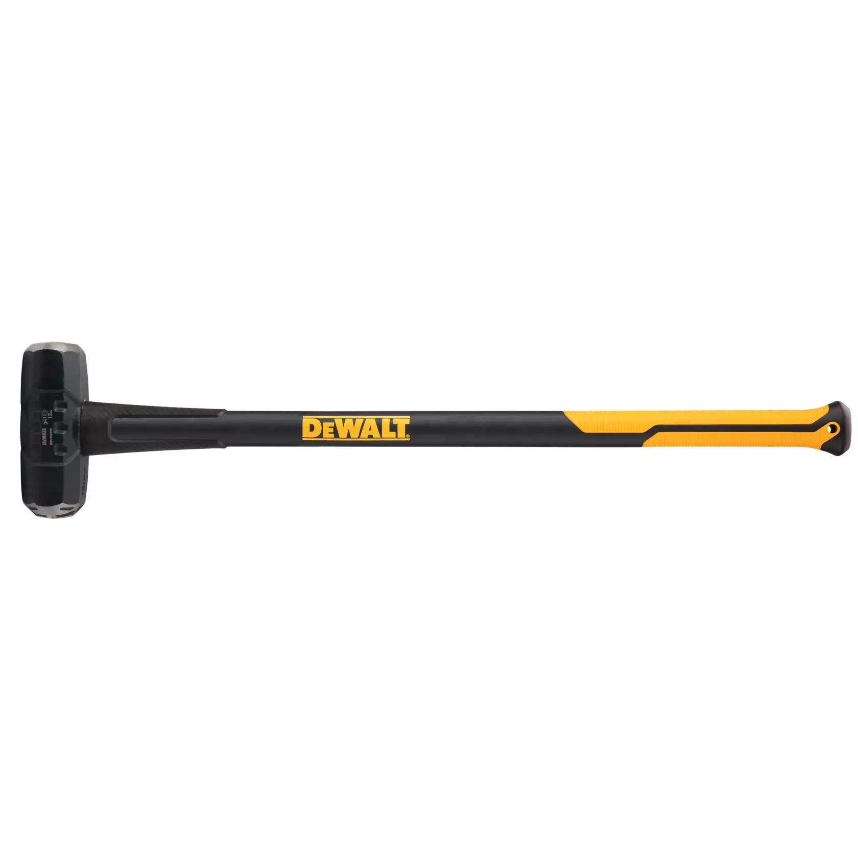 A DEWALT sledgehammer with a black and yellow handle and a large metal head, shown horizontally against a white background.