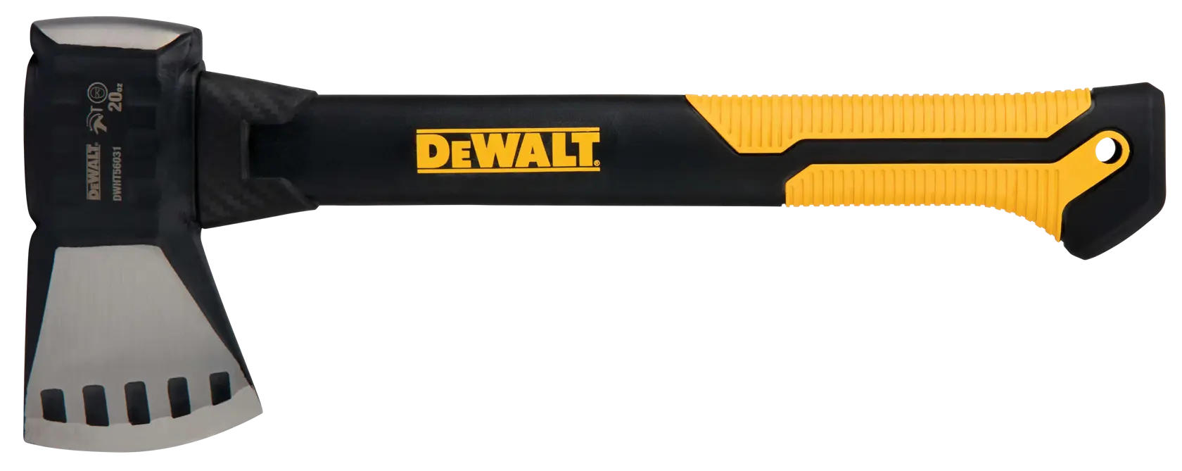 DEWALT-branded axe with a black and yellow handle and a sharp metal blade.