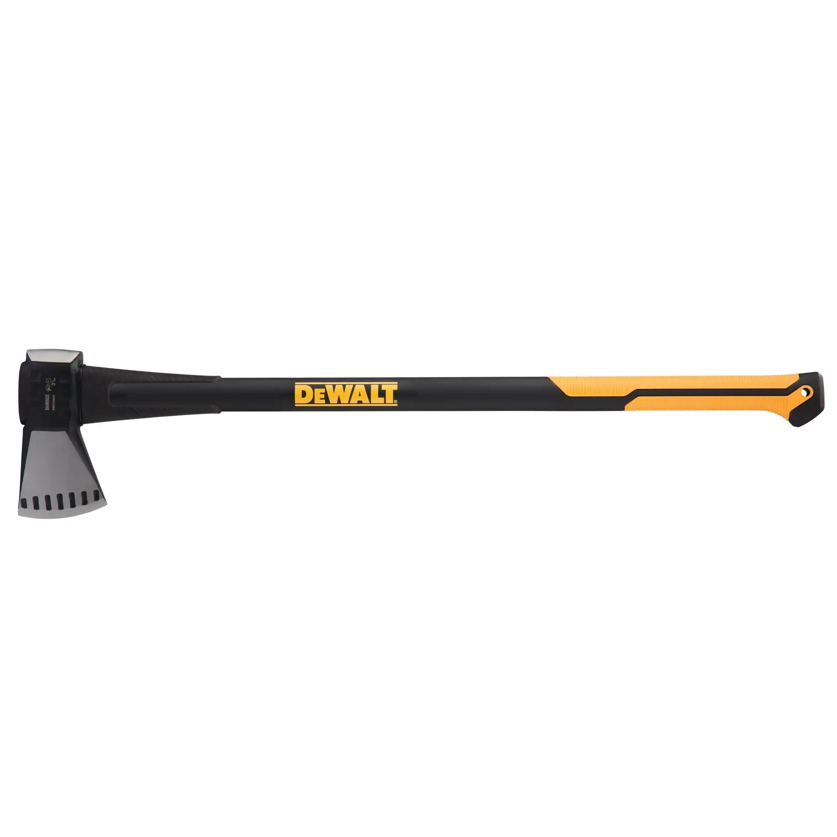 A DEWALT splitting axe with a black and yellow handle, designed for heavy-duty wood splitting tasks.