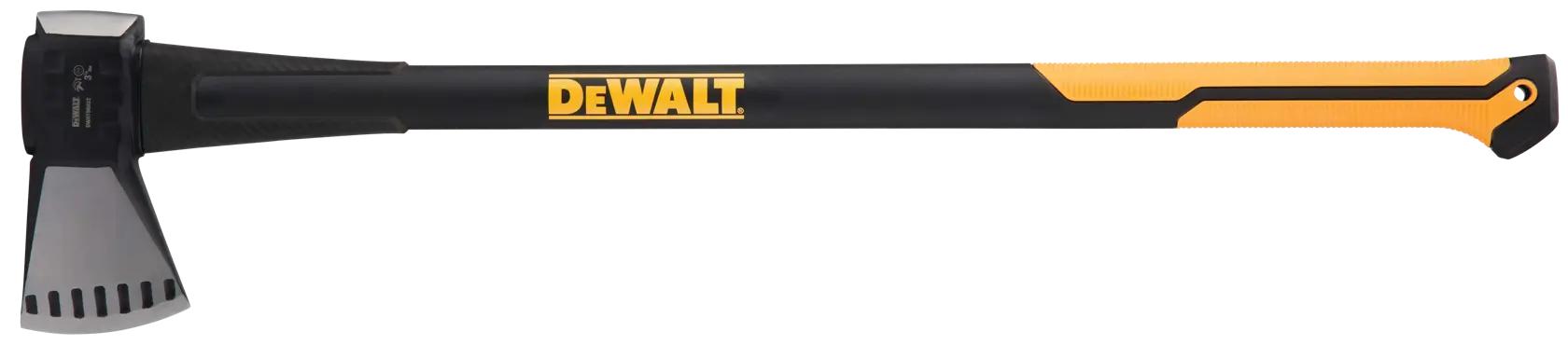 A DEWALT splitting axe with a black and yellow handle, designed for heavy-duty wood splitting tasks.
