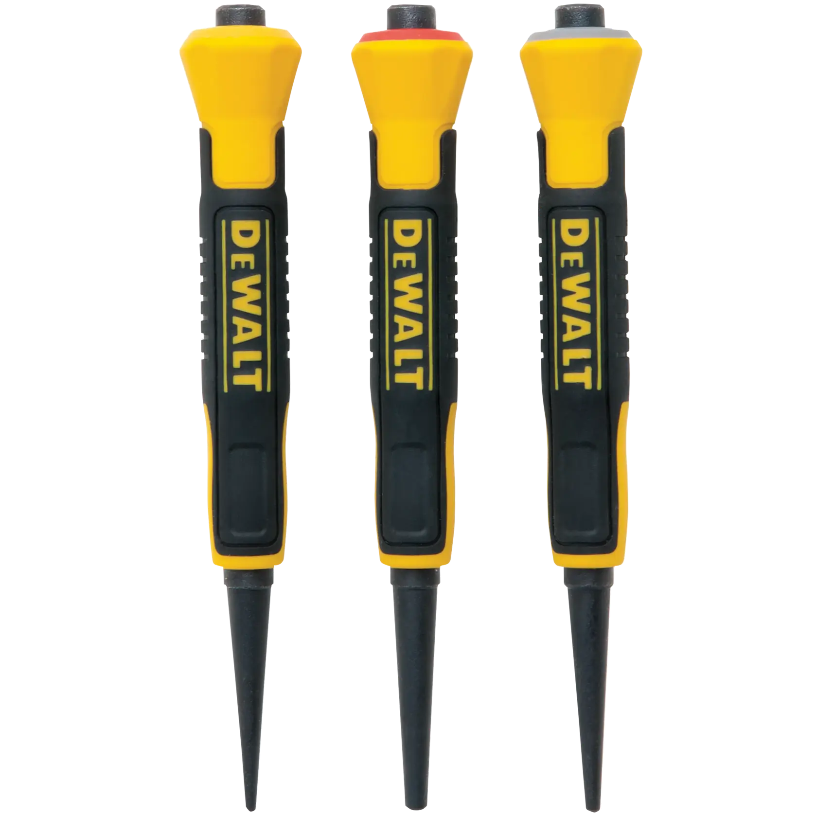 Three DEWALT steel punches with yellow and black handles are shown upright. Each punch has a pointed tip and a cushioned grip, designed for striking and marking metal surfaces.