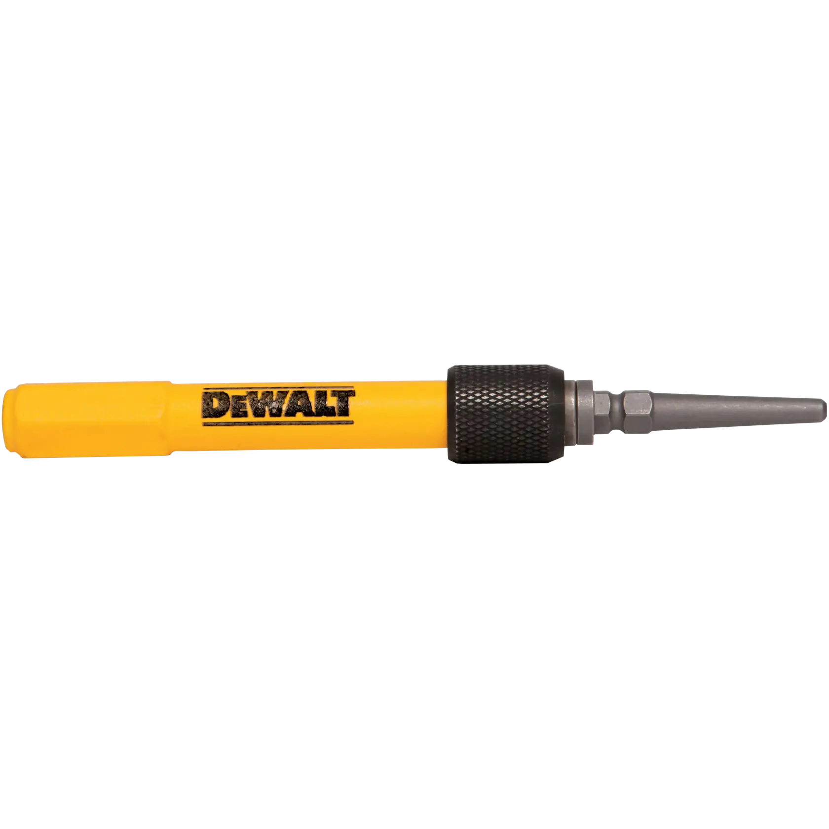 A DEWALT-branded yellow automatic center punch tool with a black textured grip and a sharp metal tip.