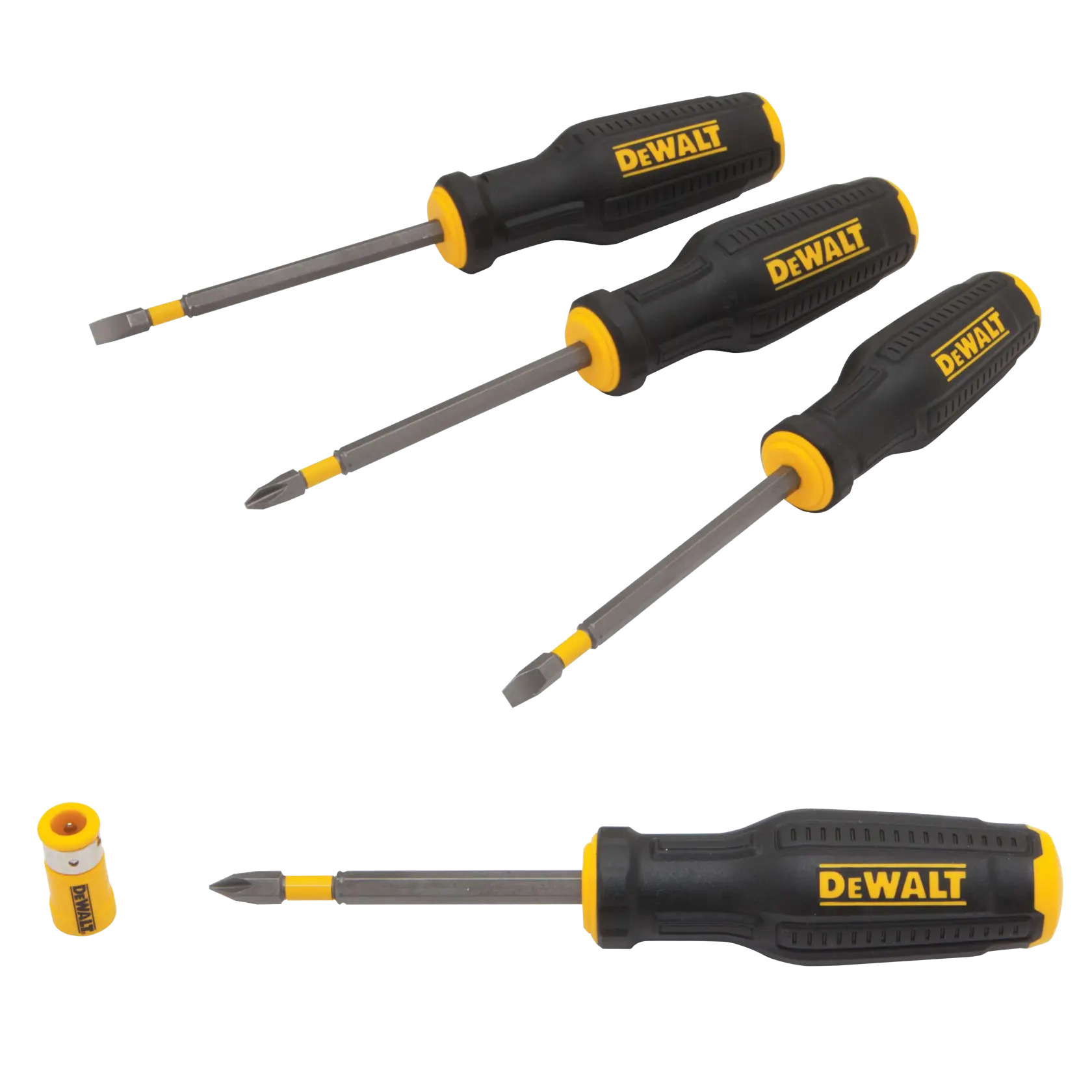 Four DEWALT screwdrivers with black and yellow handles are shown alongside a small yellow accessory. The screwdrivers include both flathead and Phillips head types, displayed on a white background.