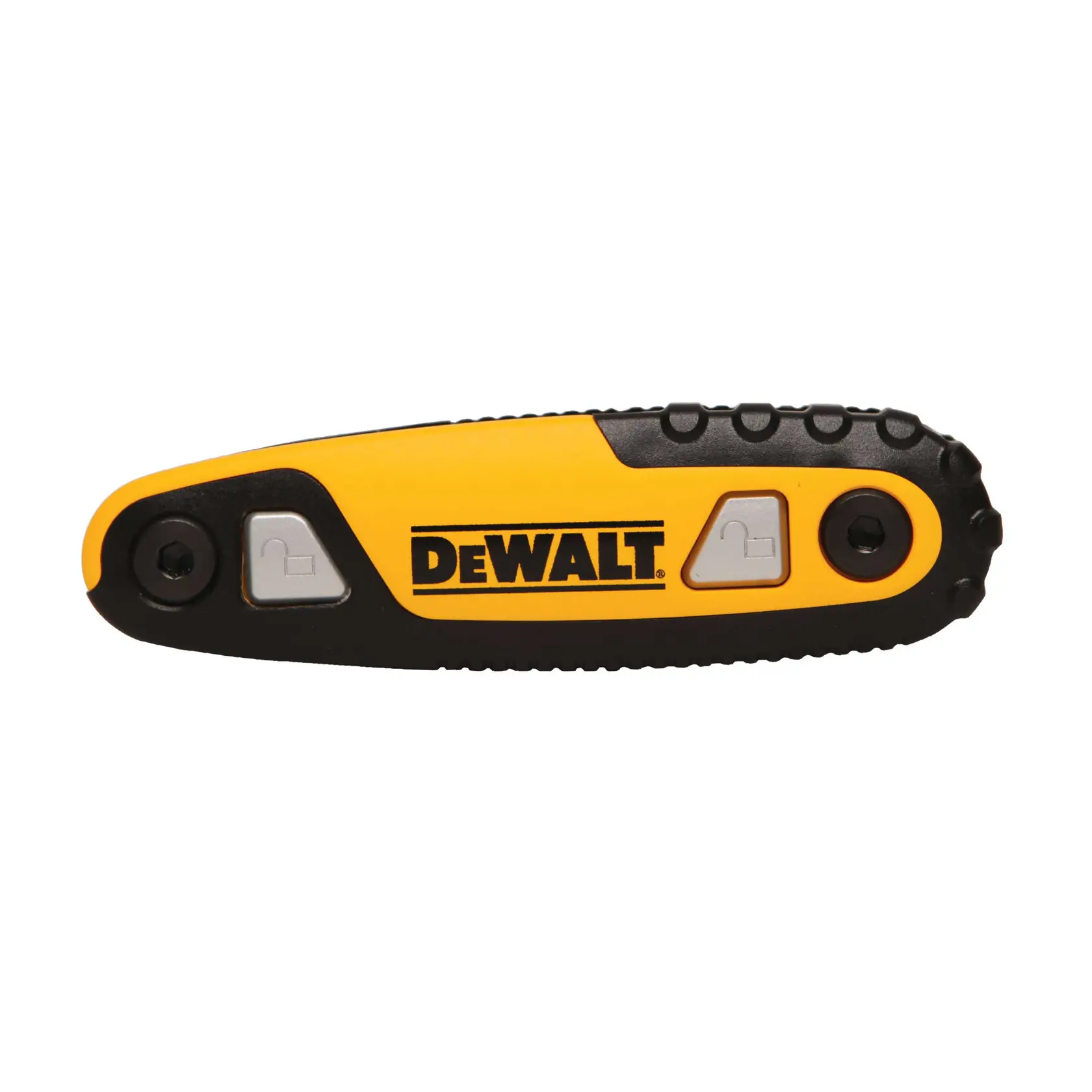 A yellow and black DEWALT hand tool with two lock/unlock buttons, shown in close-up against a white background.