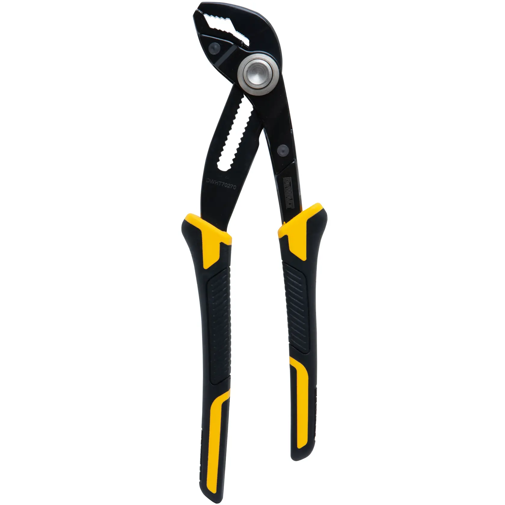 A DEWALT adjustable groove joint plier with black and yellow handles, designed for gripping and turning objects.