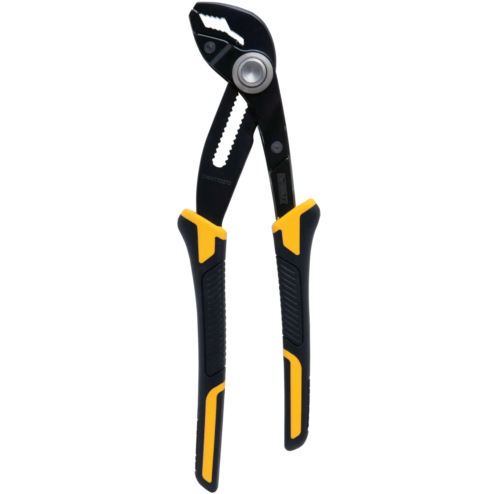 A DEWALT adjustable groove joint plier with black and yellow handles, designed for gripping and turning objects.