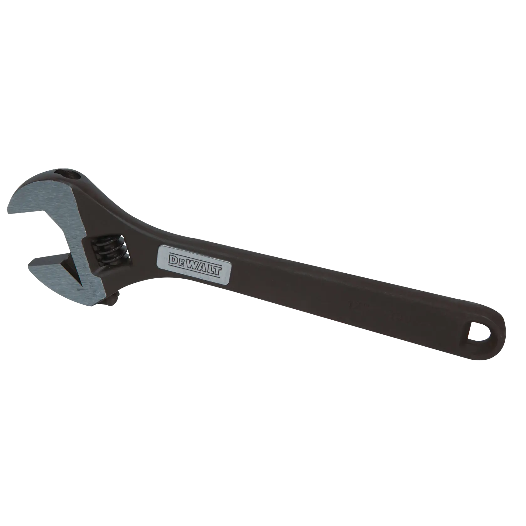 DEWALT adjustable wrench with black handle and silver jaw, photographed on a plain white background.