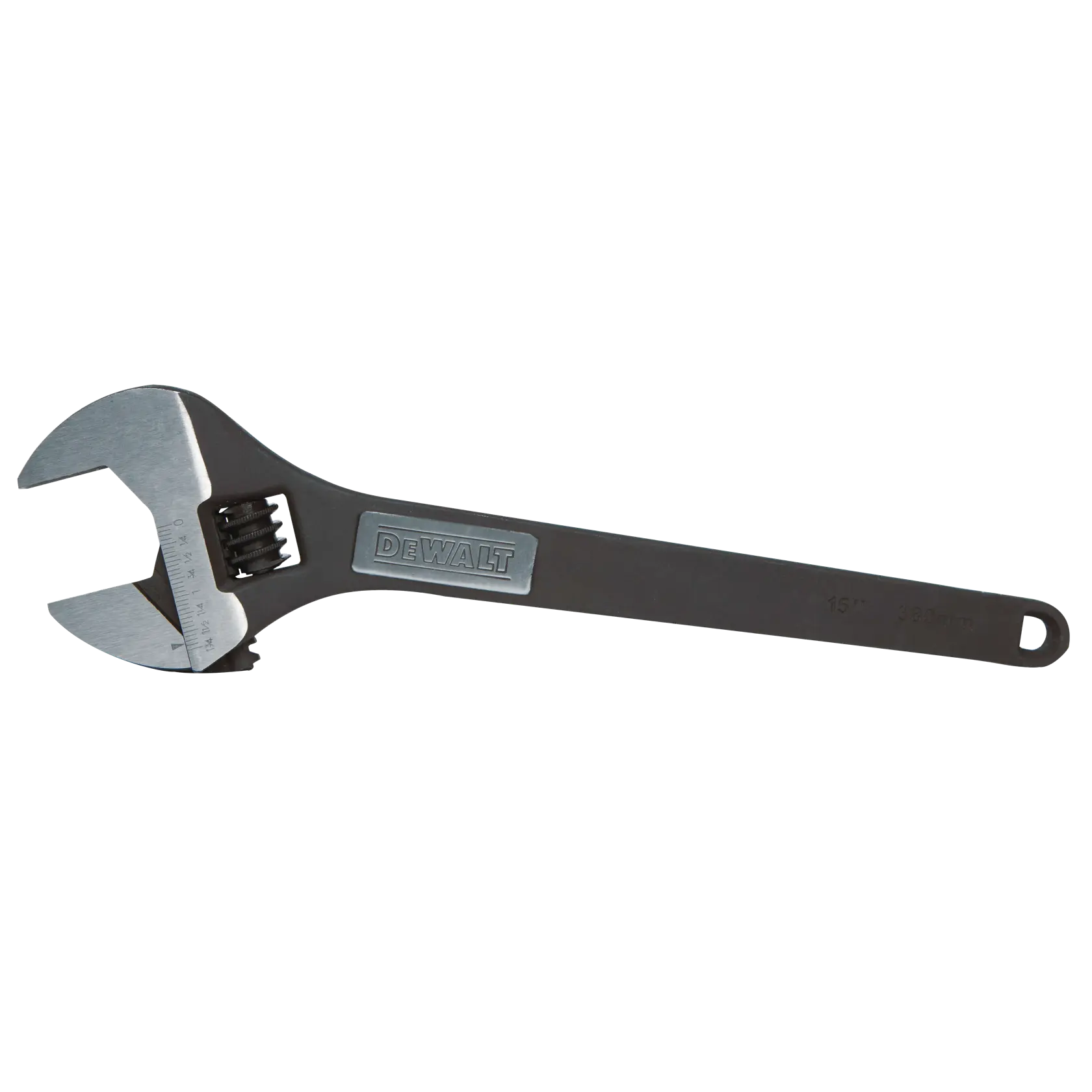 A DEWALT adjustable wrench with a black handle and metal jaw, shown against a white background.