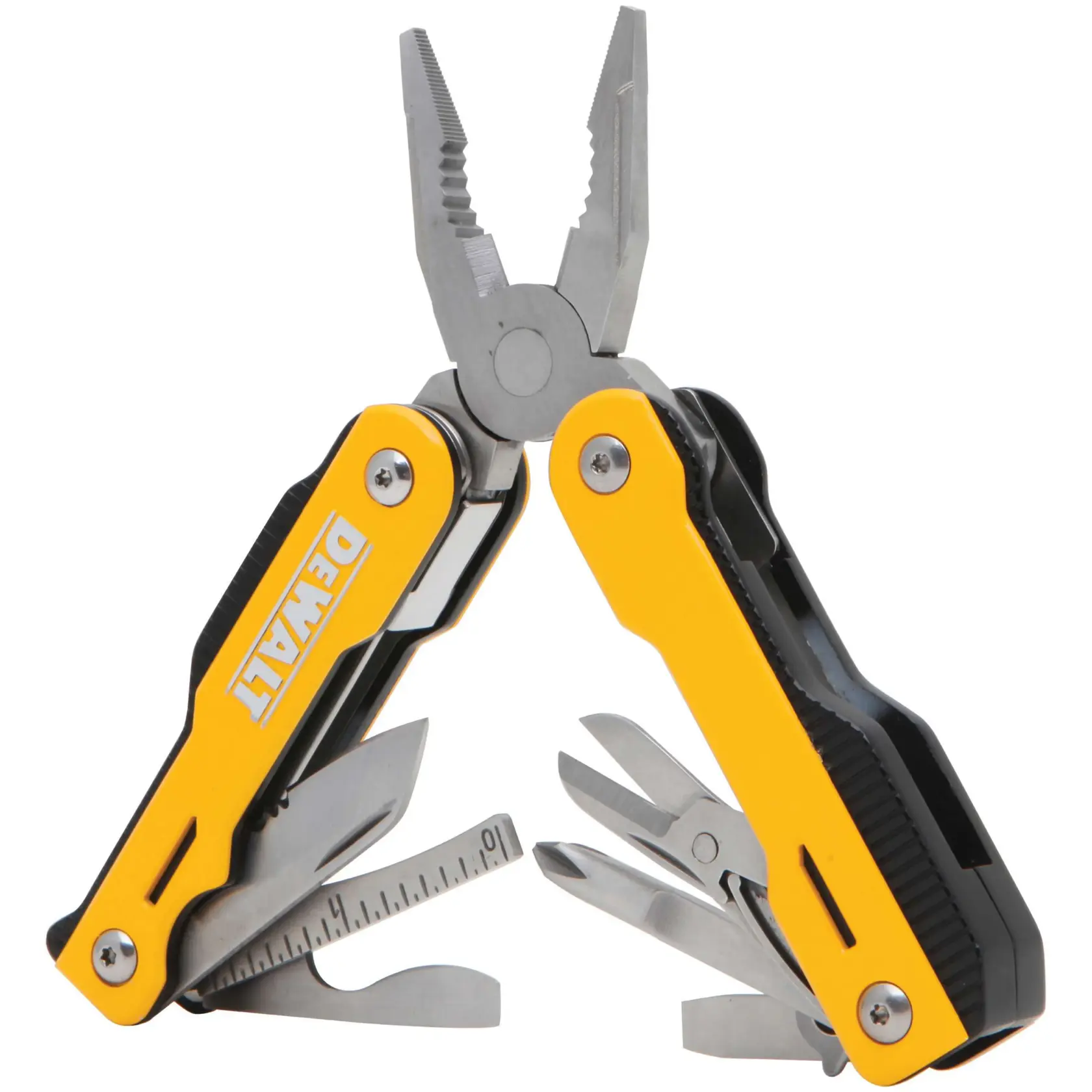 A yellow and black DEWALT multi-tool featuring pliers and several fold-out tools including a ruler, knife, bottle opener, screwdriver, and scissors.