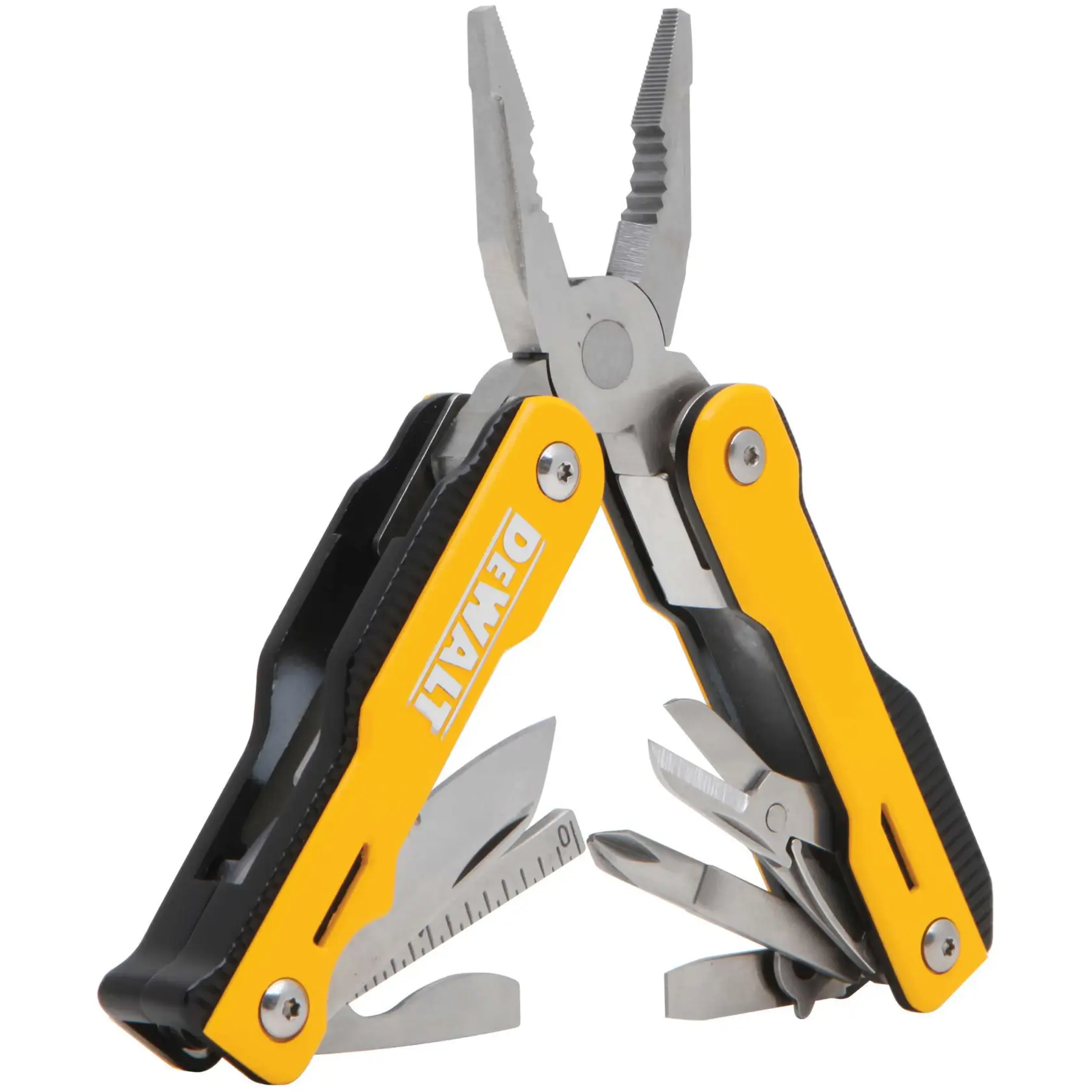 A DEWALT branded yellow and black multi-tool with pliers and various fold-out tools including a ruler, knife, and screwdriver.
