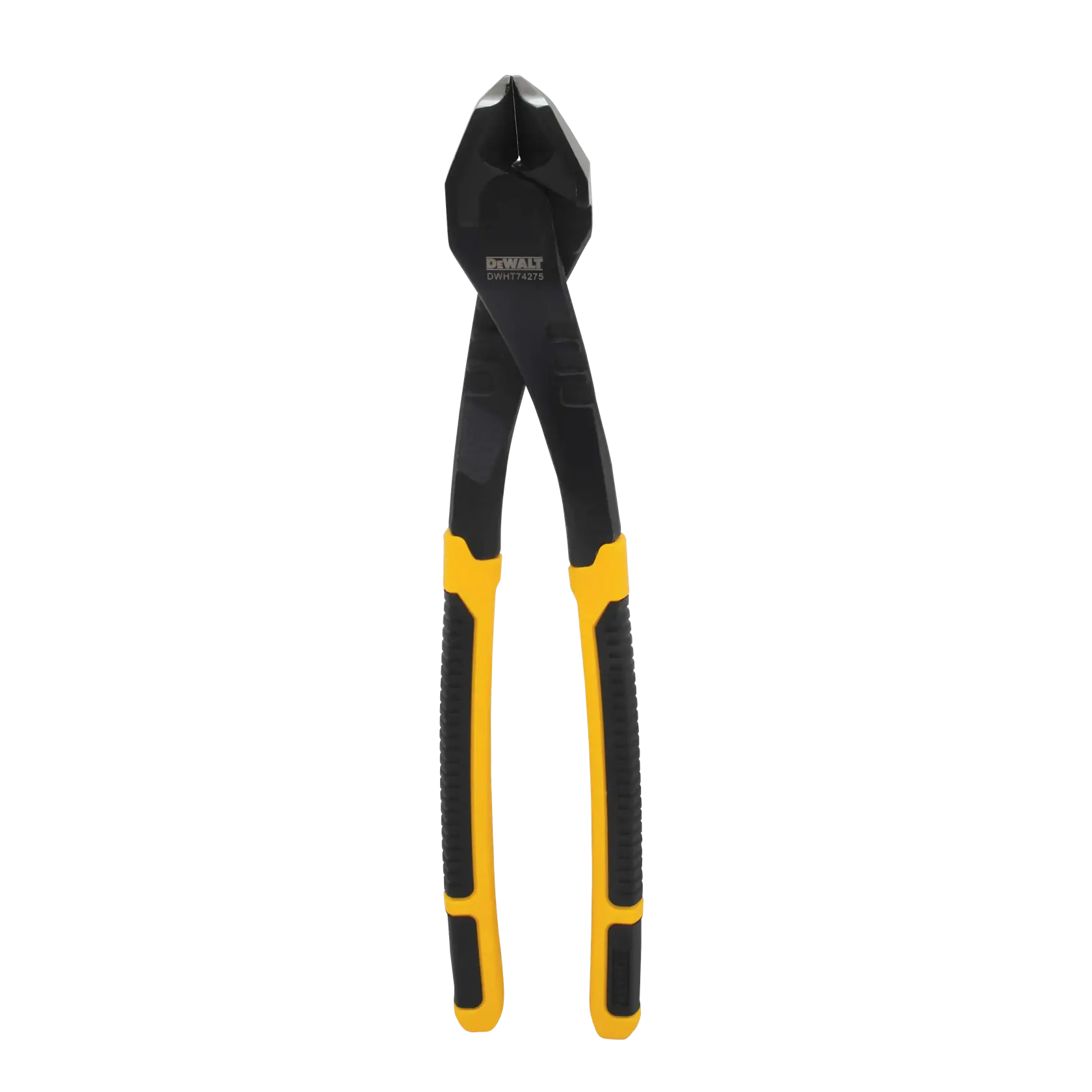 A pair of DEWALT diagonal cutting pliers with black and yellow handles, model DWHT74275, shown on a white background.