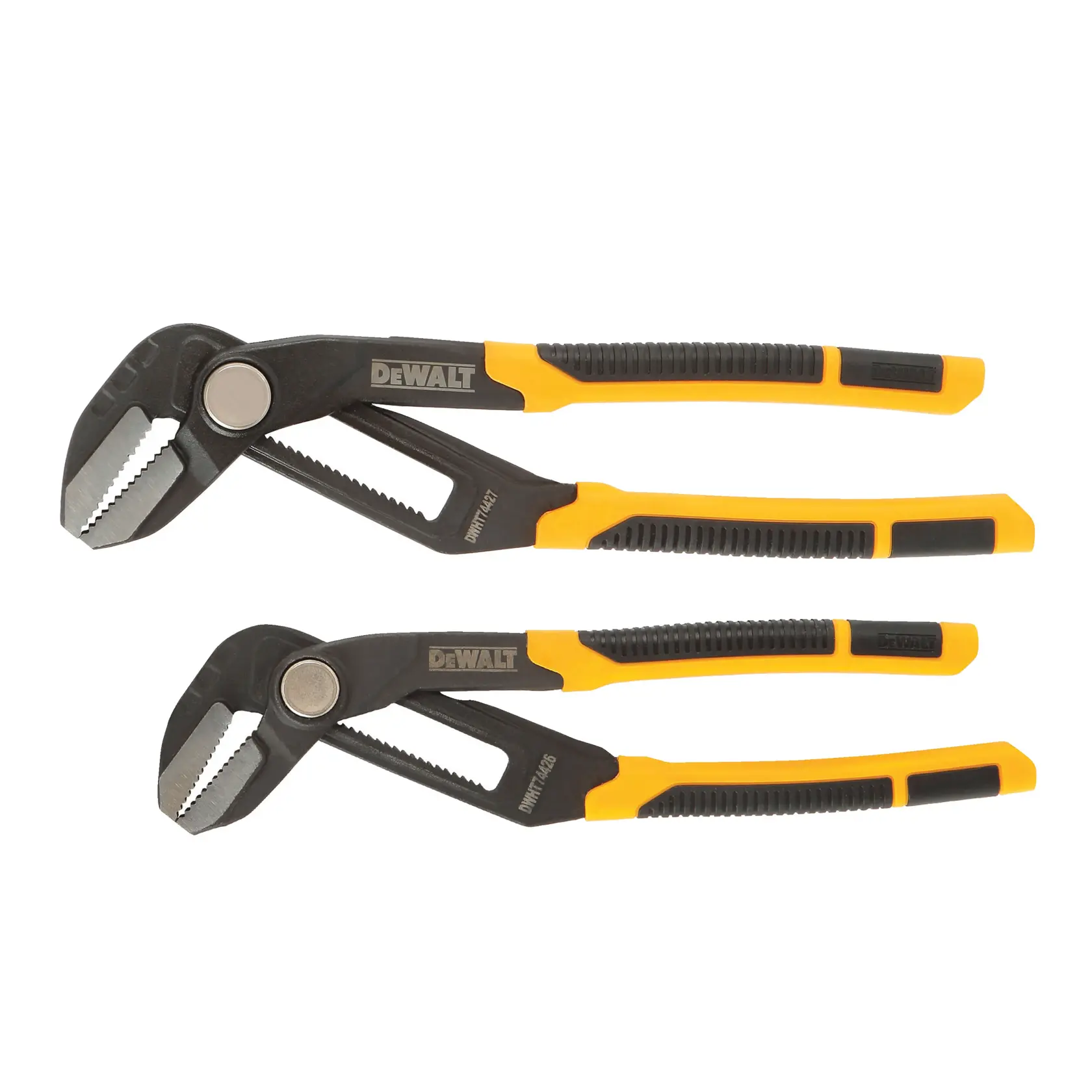 Two DEWALT groove joint pliers with black jaws and handles featuring yellow and black grips. The pliers are positioned side by side, one slightly larger than the other.