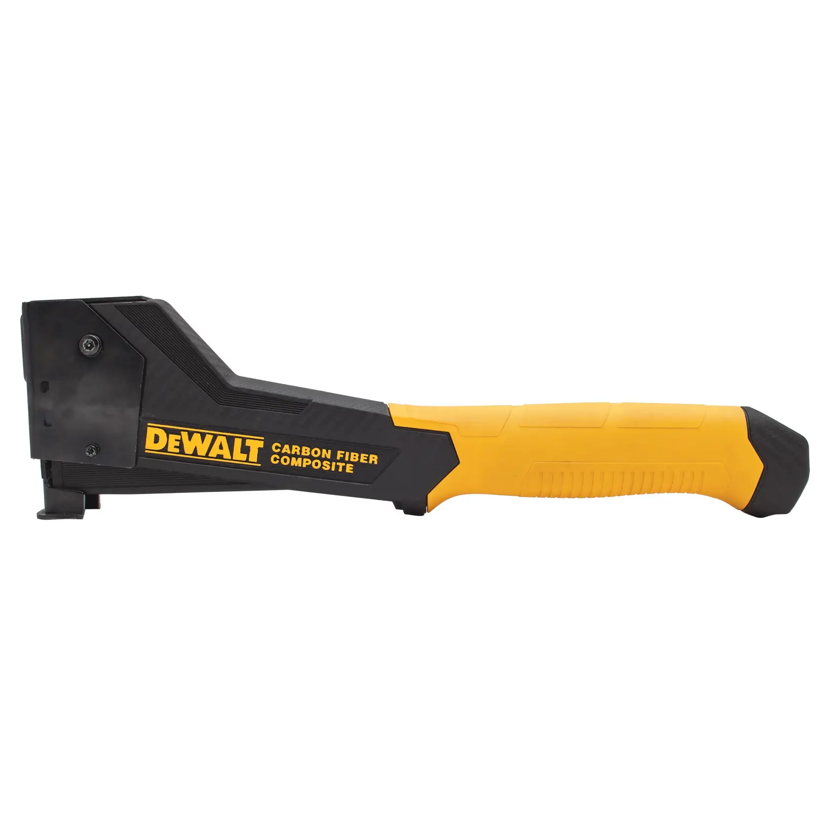 Ein DEWALT Hammer-Tacker aus Carbonfaser-Verbund mit gelb-schwarzem Griff, seitlich abgebildet.