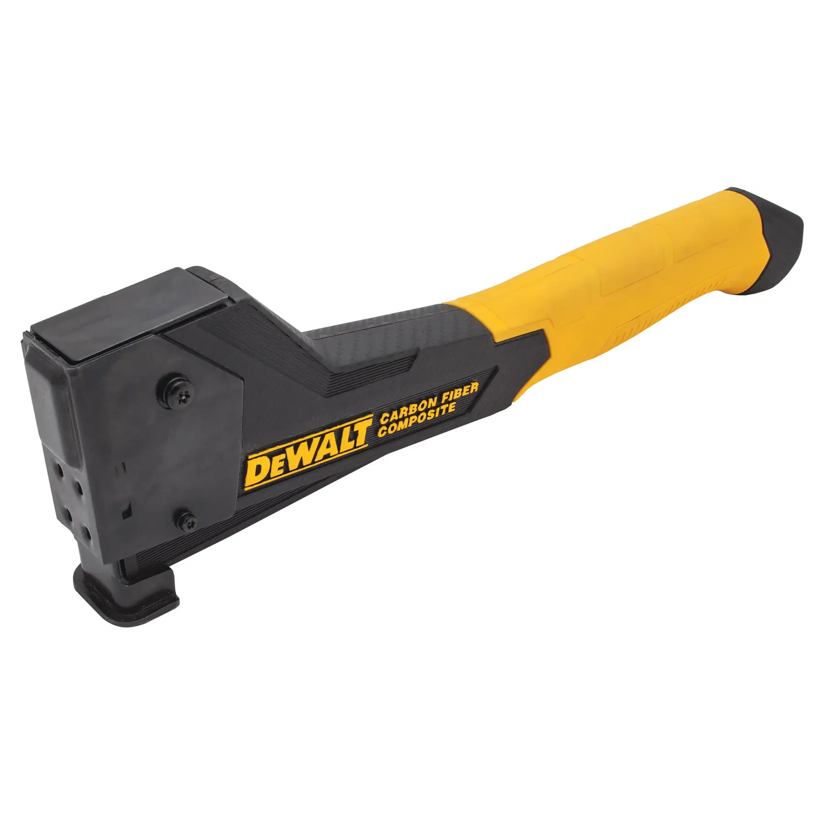 A DEWALT carbon fiber composite hammer tacker with a yellow and black handle, shown in a side view.